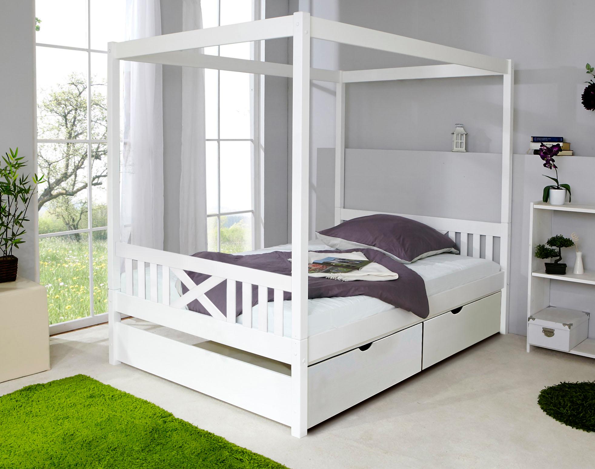 Himmelbett TICAA "Lino", weiß (kiefer massiv weiß gewachst), B:148cm, Betten, Himmelbett, inkl. Schubkasten und Rollrost