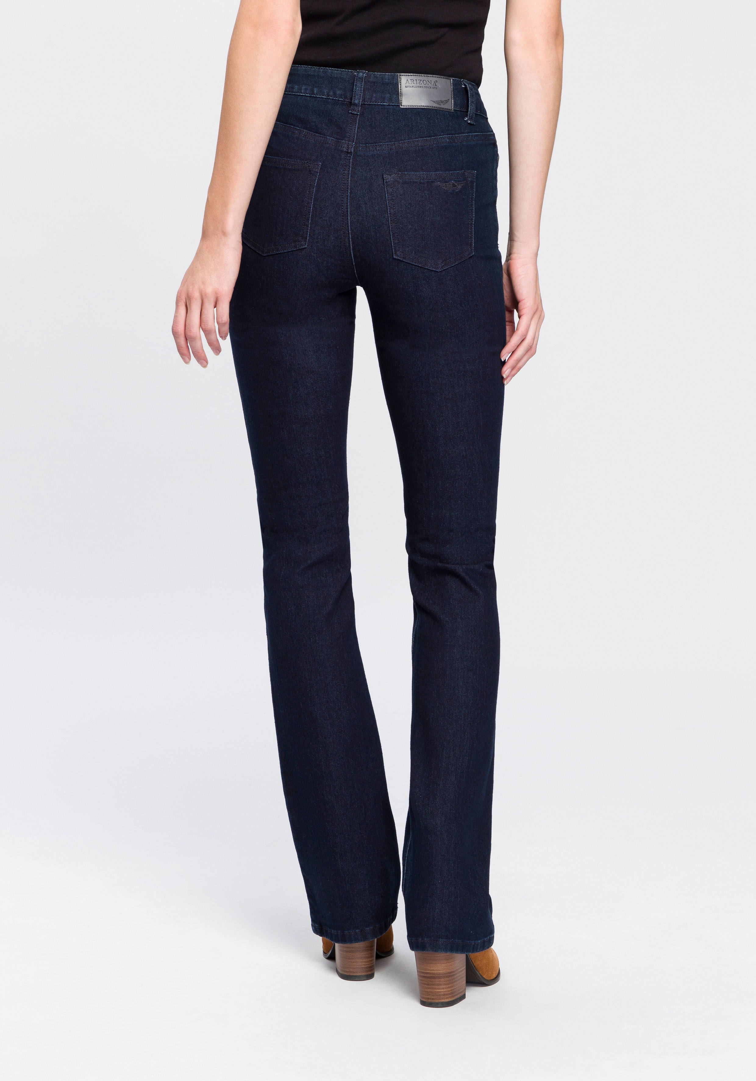 Bootcut-Jeans ARIZONA "Baby Bootcut", Damen, Gr. 20, K + L Gr, blau (rinsed), Denim/Jeans, Obermaterial: 69% Baumwolle, 29% Polyester, 2% Elasthan, clean, Basic, bootcut fit, Jeans, leicht ausgestelltes Bein, hohe Leibhöhe, Topseller