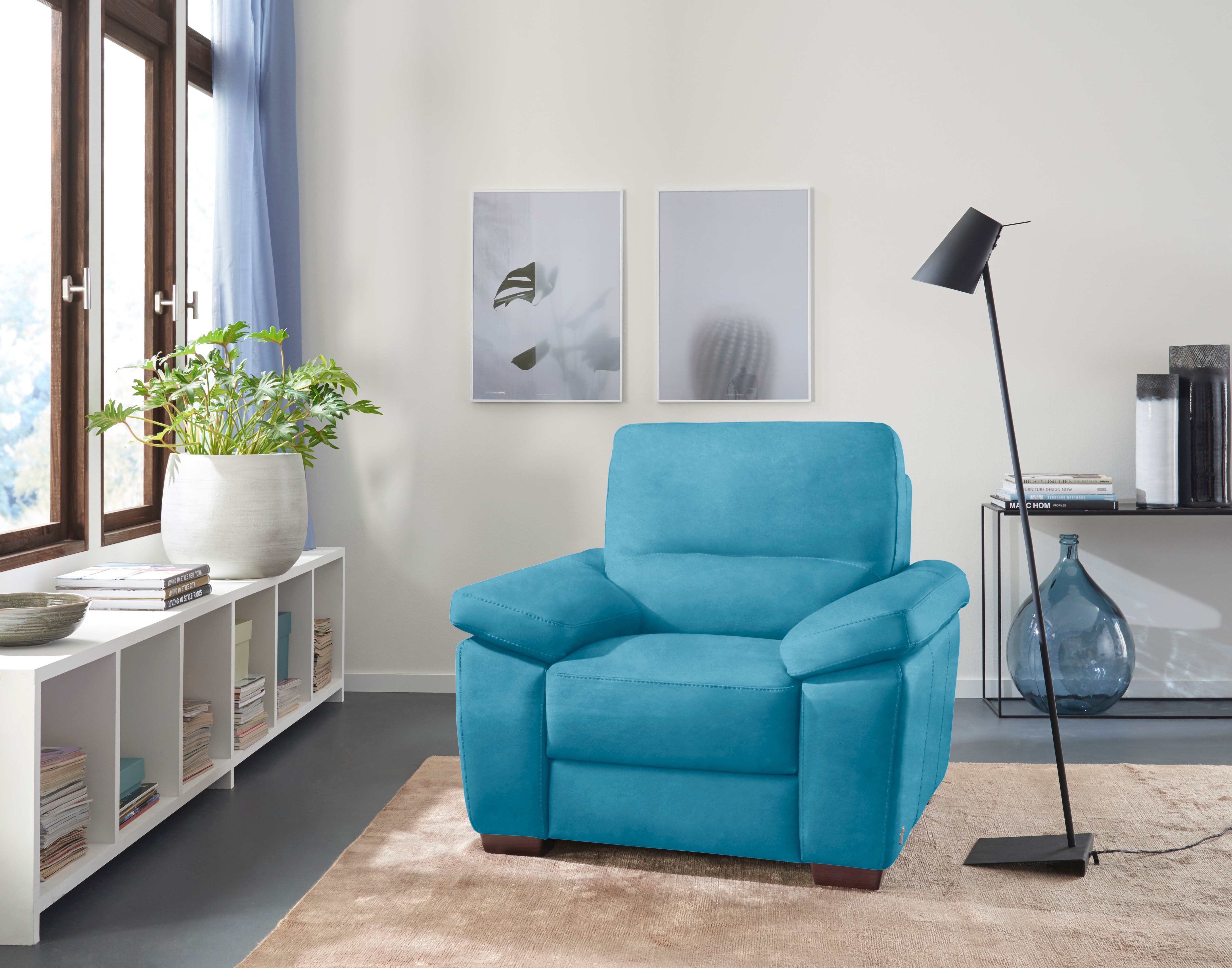 Sessel CALIA ITALIA "Gaia, in edlem Design und mit erstklassigem Sitzkomfort", blau (turquoise), B:100cm H:92cm T:94cm, Luxus-Microfaser Ginevra (100% Polyester), Sessel, Polstersessel, aus pflegeleichtem Luxus-Microfaser Ginevra Hydro Care