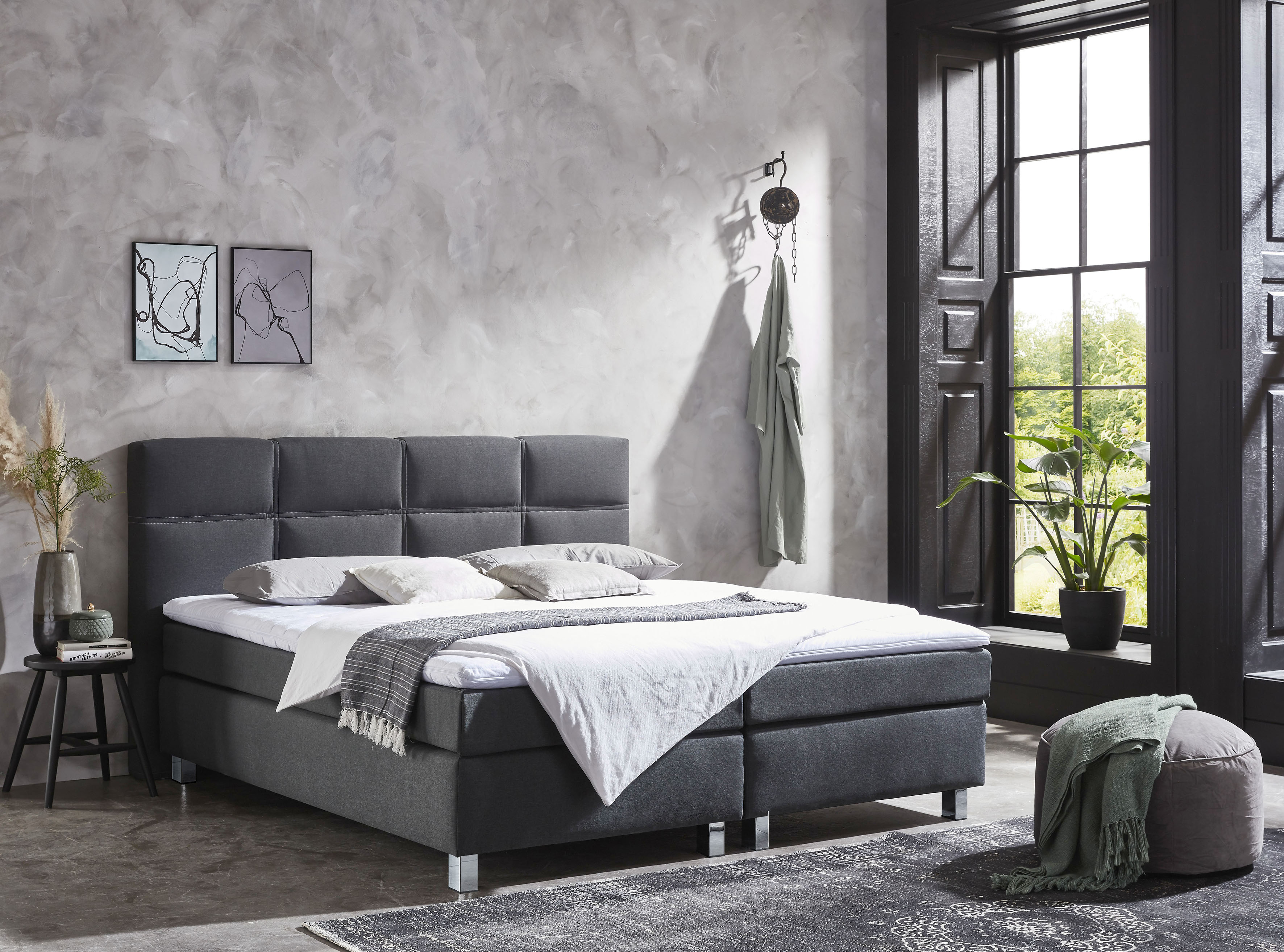 Boxspringbett, grau (charcoal), B:175cm L:210cm, Bezug Bett: Feinstruktur 100% Polyester;Bezug Bonnell-Federkernmatratze: 100% Polyester;Bezug Kaltschaummatratze: 100% Polyester;Bezug Tonnentaschenfederkernmatratze: 80% Baumwolle,...