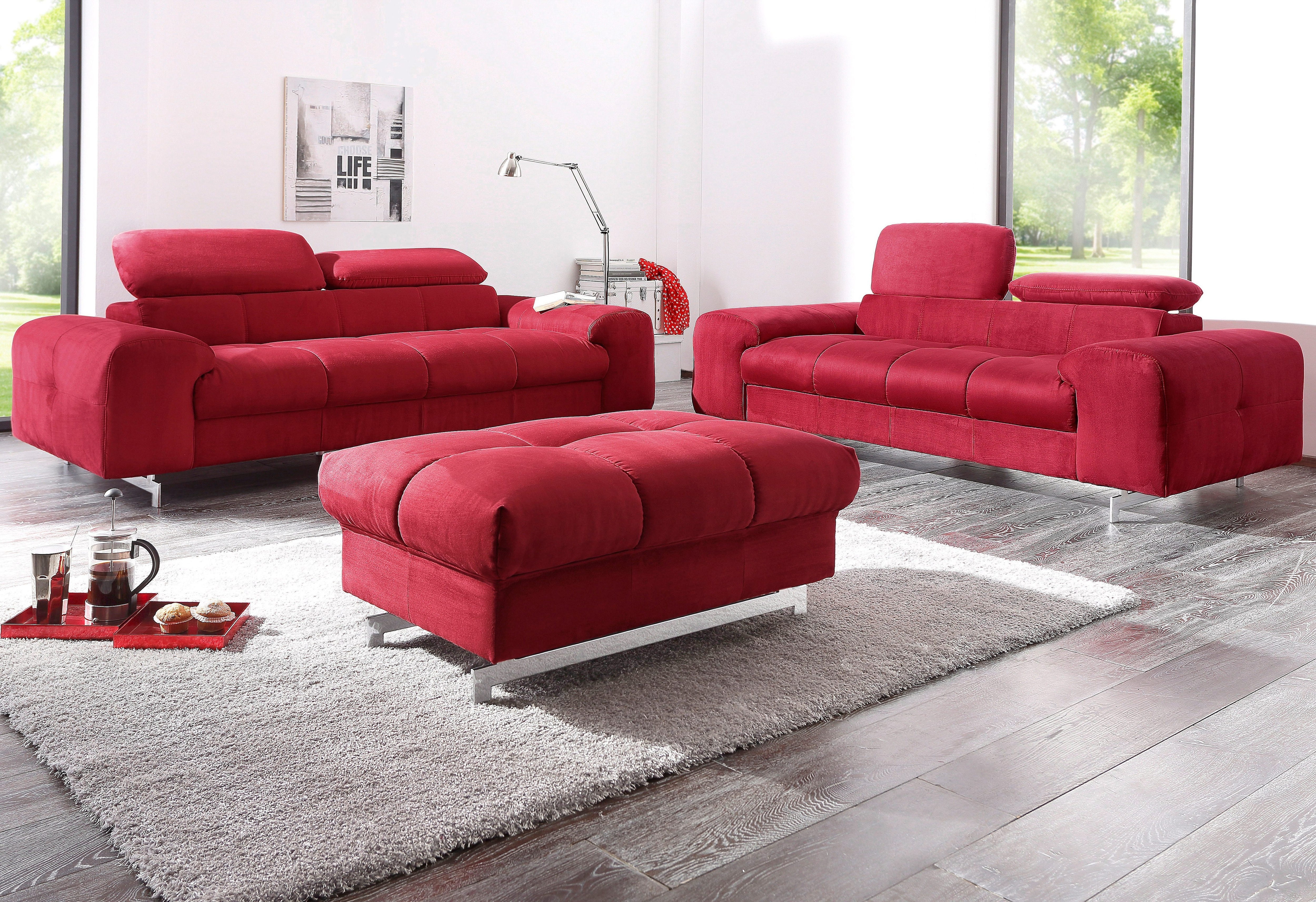 Polstergarnitur COTTA "Chef", rot (rot,), B:201cm, Sitzmöbel-Sets, Set bestehend aus: 2-Sitzer mit Kopfteilverstellung & Hocker