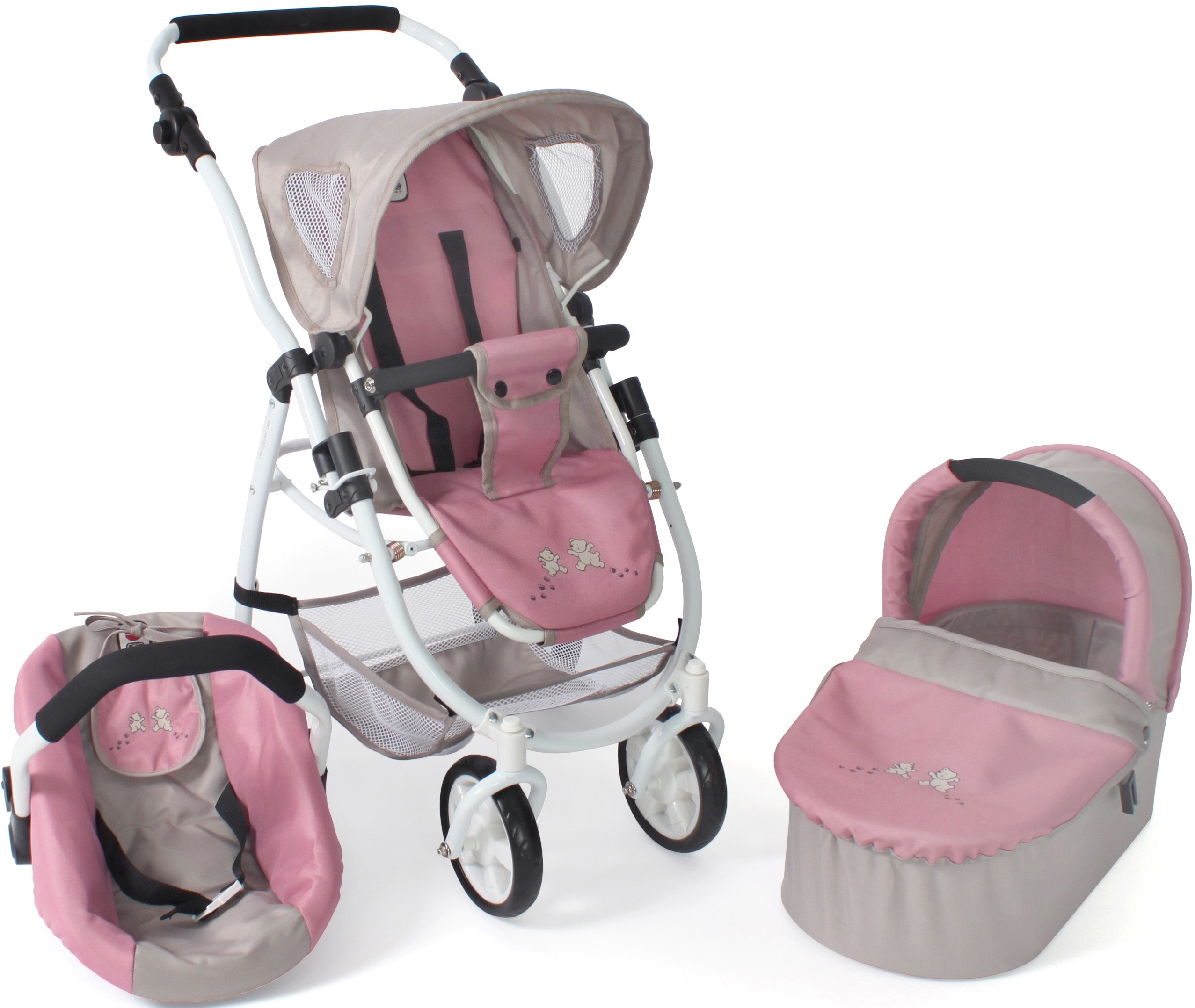 Kombi-Puppenwagen CHIC2000 "Emotion All In 3in1, Bärchen", rosa (bärchen rosa), Puppenwagen, KinderB:43cm H:77cm T:67cm, Kunststoff, Polyester, Stahl, mit Babywanne, Puppen-Autositz und Sportwagenaufsatz, B:43cm H:77cm T:67cm