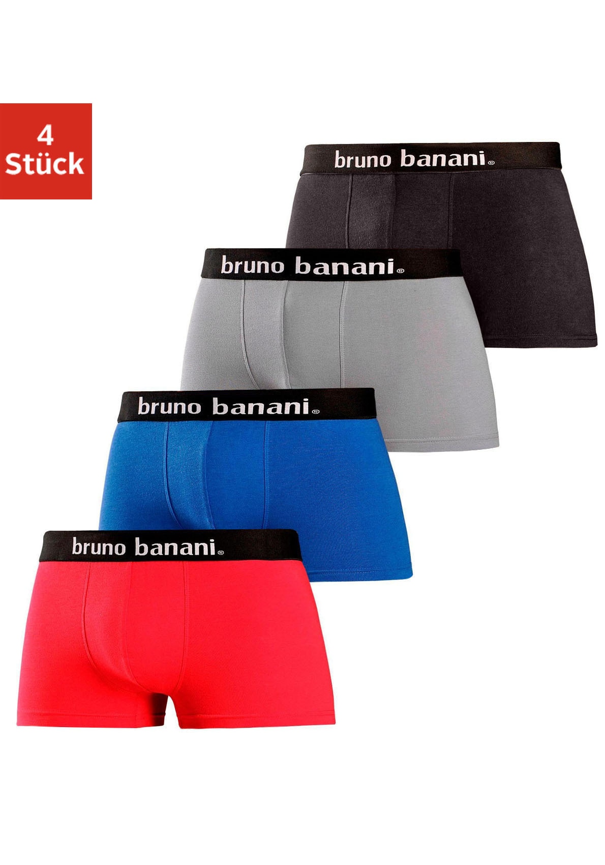 Boxer BRUNO BANANI "Boxershorts für Herren", Herren, Gr. XL, bunt (rot, grau, schwarz, navy), Jersey, Obermaterial: 95% Baumwolle, 5% Elasthan, unifarben, Unterhosen, mit Kontrast-Webbund Image