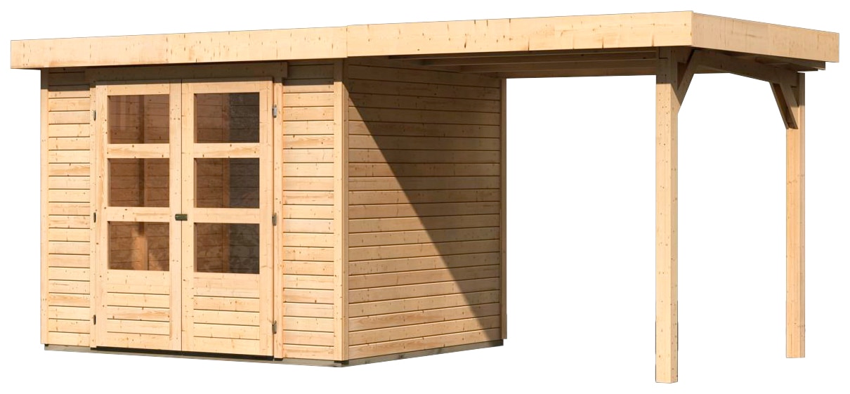 Gartenhaus KARIBU "Arnis", beige (naturbelassen), ohne Fußboden, ohne Rück- und Seitenwand, ohne Dacheindeckung, Holzwerkstoff, Gartenhäuser, Gartenhaus, mit Anbaudach 2,40 m Breite