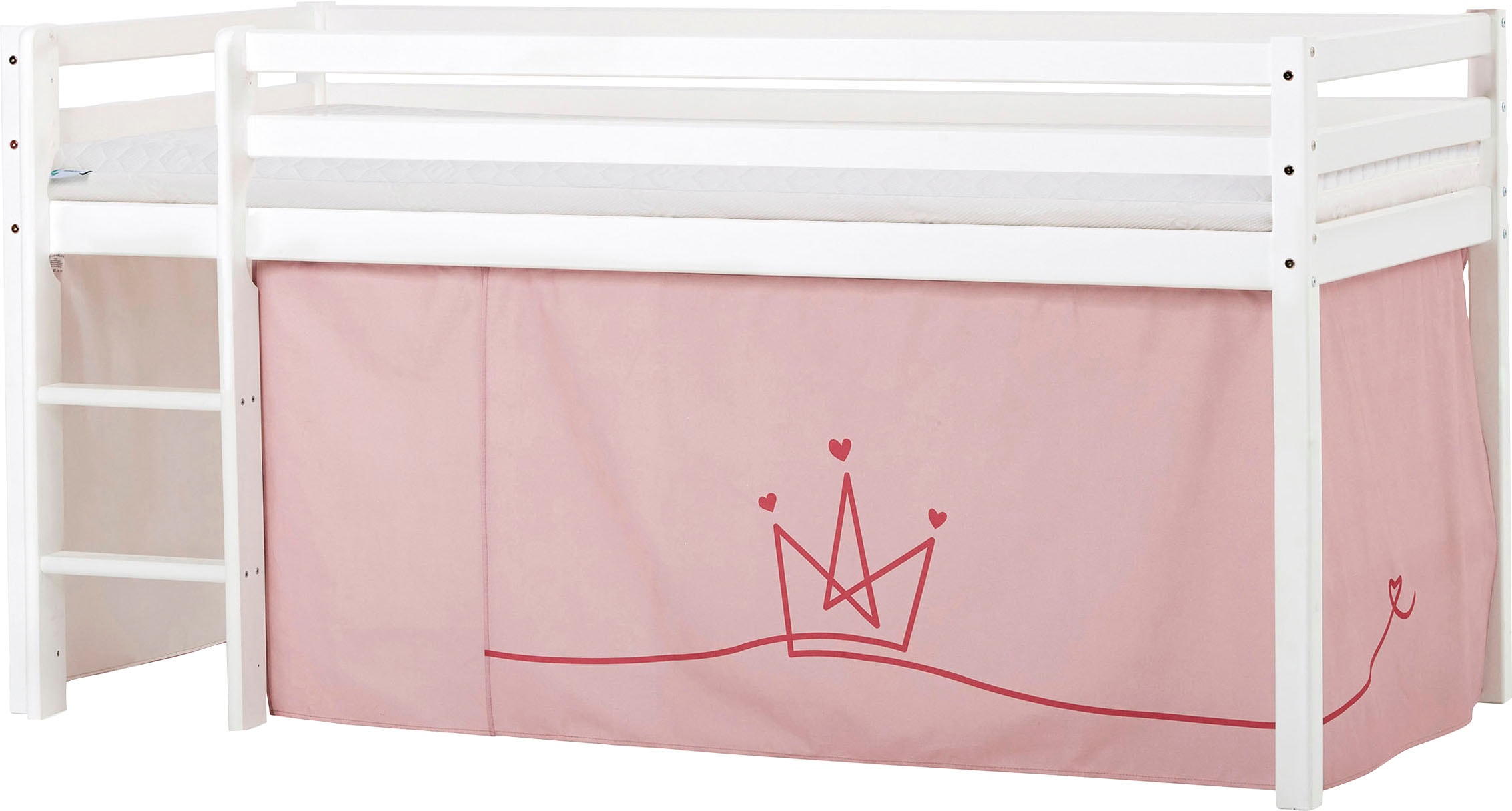 Hochbett HOPPEKIDS "ECO Dream, Kinderbett, Spielbett, Halbhohes Bett aus Massivholz", rosa (weiß, prinzessin rosa), B:101cm H:105cm L:208cm, Kinderbett: 100% Massivholz: Nordische Kiefer, Vorhang: 100% Baumwolle, Matratzenbezug: 77% Polyester, 23%...