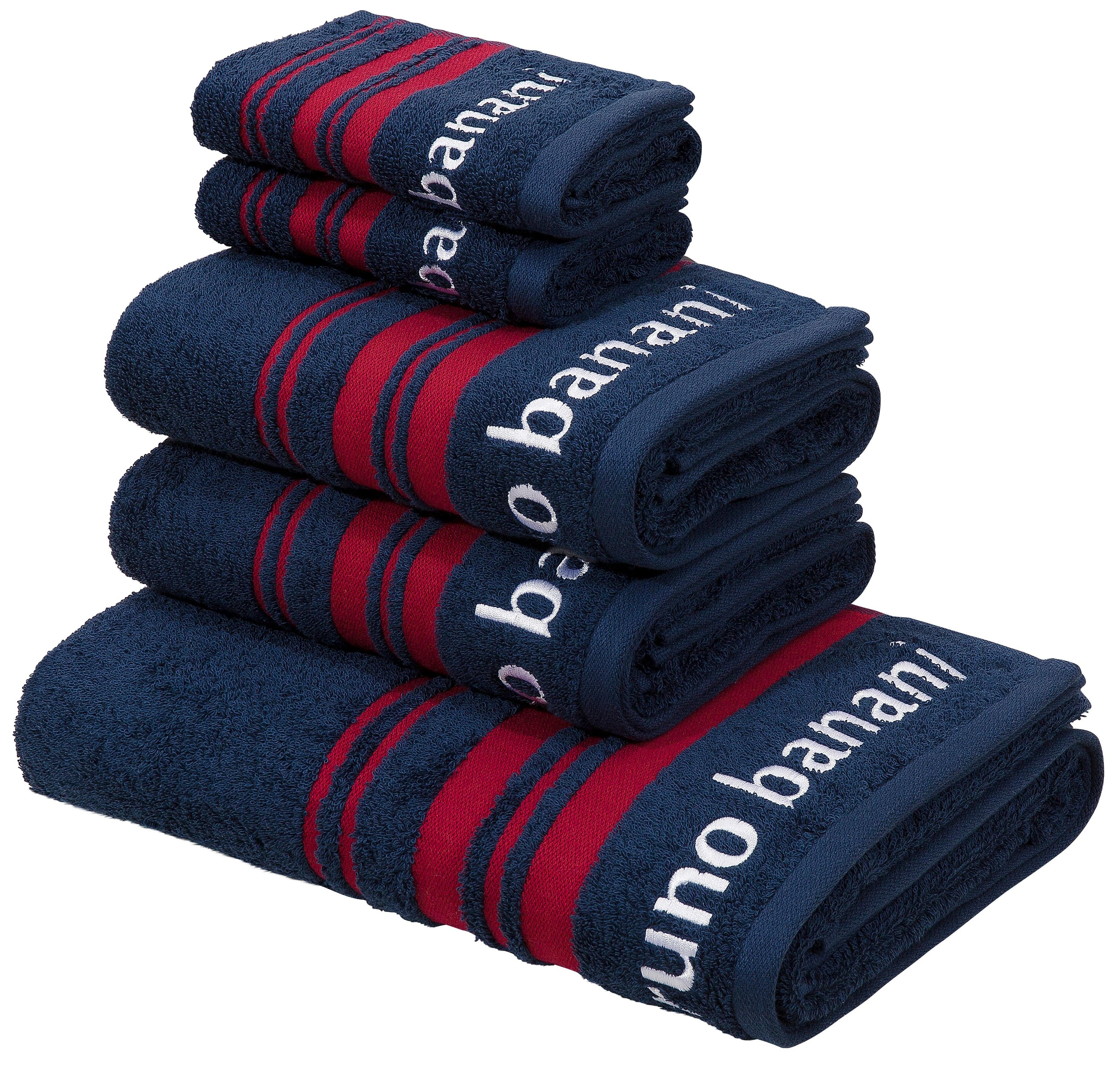 Handtuch Set BRUNO BANANI "Daniel, 1 Duschtuch 70x140, 2 Handtücher 50x100, 2 Gästetücher 30x50", blau, 5 Stk., Walkfrottee, Walkfrottee, Obermaterial: 100% Baumwolle, Handtuch-Sets, Streifen-Bordüre & Markenlogo, 100% Baumwolle
