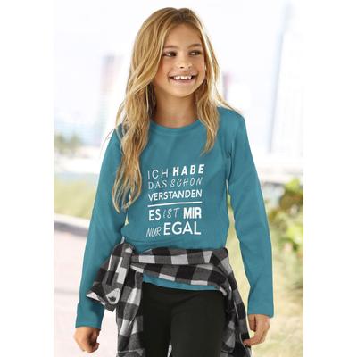 Langarmshirt KIDSWORLD "Ich hab das schon verstanden - es ist mir nur egal", Mädchen, Gr. 152/158, blau (petrol), Obermaterial: 100% Baumwolle, bedruckt, Basic, Rundhals, Langarm, Shirts, Langarm, Basic-Passform, mit Statements/Sprüchen Image