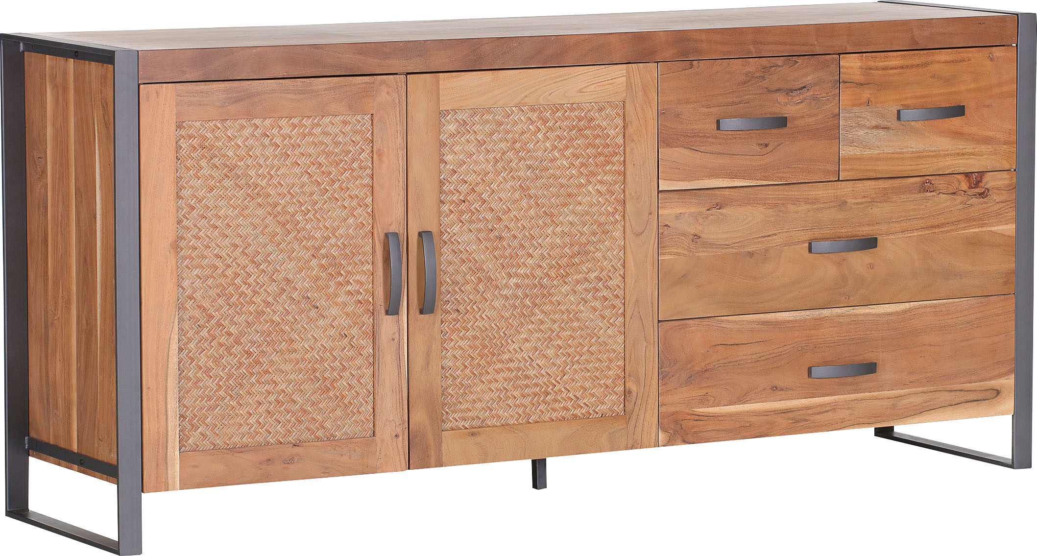Sideboard GUTMANN FACTORY "Alvara", grau (natur, anthrazit), B:175cm H:80cm T:47cm, Massivholz, Metall, Sideboards, Kommode mit Rattan Geflecht