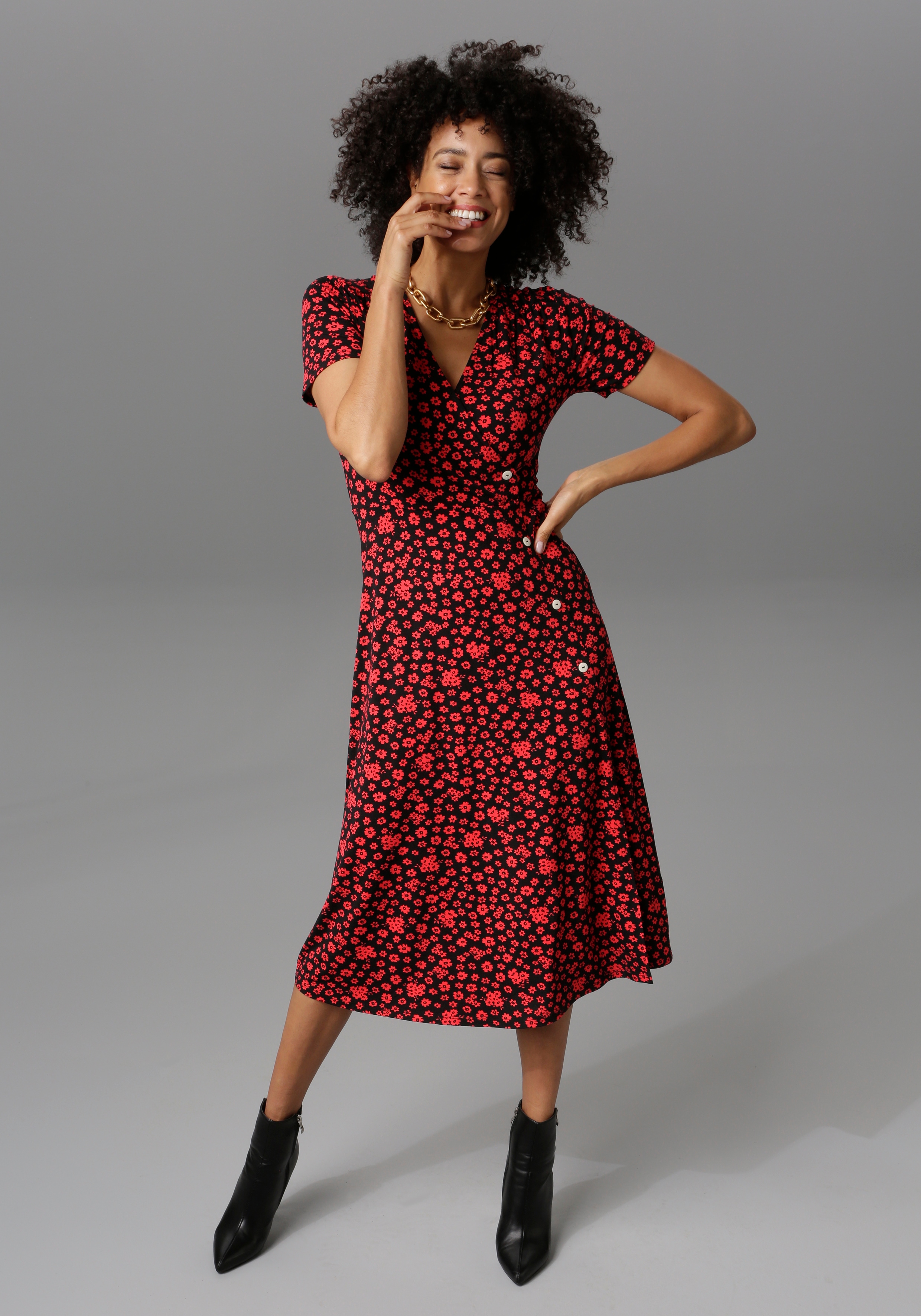 Jerseykleid ANISTON CASUAL, Damen, Gr. 48, N-Gr, rot (schwarz, rot), Single Jersey, Obermaterial: 95% Viskose, 5% Elasthan, bedruckt, geblümt, figurbetont kniebedeckend, V-Ausschnitt, Kleider Jerseykleid, in Wickeloptik