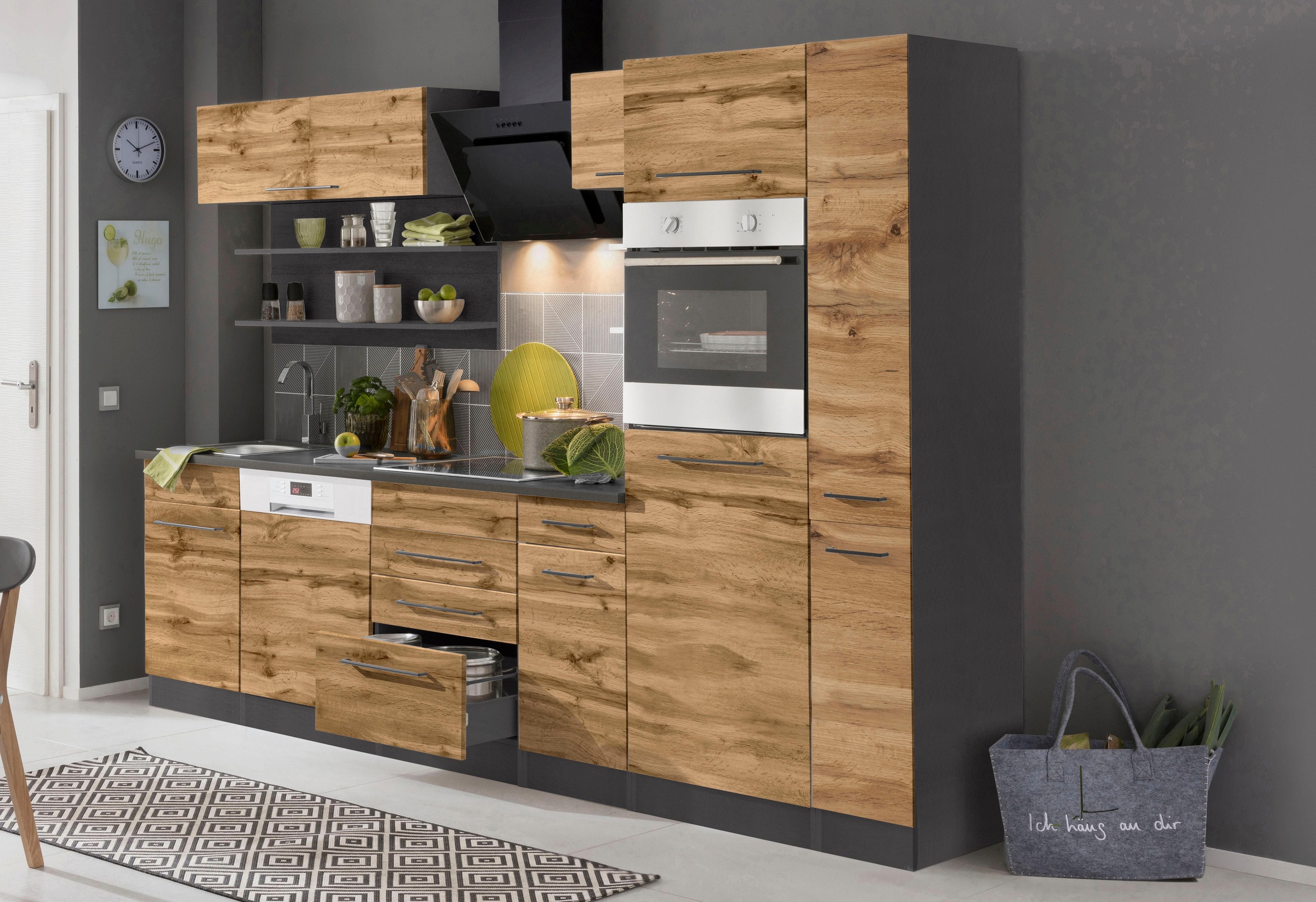Küchenzeile KOCHSTATION "KS-Tulsa", braun (küche: natur, korpus: grafit, arbeitsplatte: anthrazit), B:270cm T:60cm, Komplettküchen-Sets, ohne E-Geräte, Breite 270 cm, schwarze Metallgriffe, MDF Fronten Image