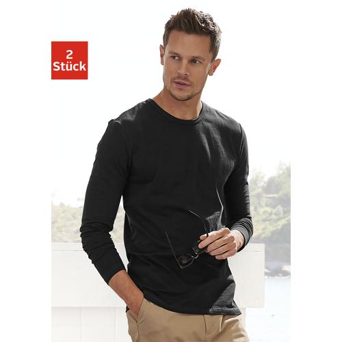 Langarmshirt H.I.S, Herren, Gr. XXXL, schwarz, Jersey, Obermaterial: 95% Baumwolle, 5% Elasthan, unifarben, Basic, Basic normal, Rundhals, Langarm abgesteppte Kante, Shirts, Doppelpack Unterziehshirt aus Baumwoll-Mix