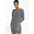 Sweatkleid BENCH. LOUNGEWEAR, Damen, Gr. 48/50, N-Gr, grau (stone, weiß), Interlock, Jersey, Obermaterial: 60% Baumwolle, 40% Polyester, unifarben, Basic, bequem ca. Mitte Oberschenkel, Rundhals, Langarm Rippbündchen, Kleider, mit seitlichem Logoprint