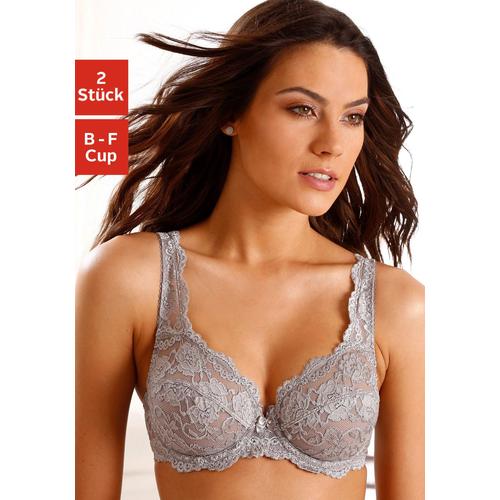 Bügel-BH PETITE FLEUR, Damen, Gr. 85, Cup F, grau (steingrau, weiß), Spitze, Obermaterial: 80% Polyamid, 20% Elasthan, feminin, BHs BH BH-Set Bügel-BH Dirndl-BH Spitzen-BH Spitzenwäsche, aus Spitze, Dessous