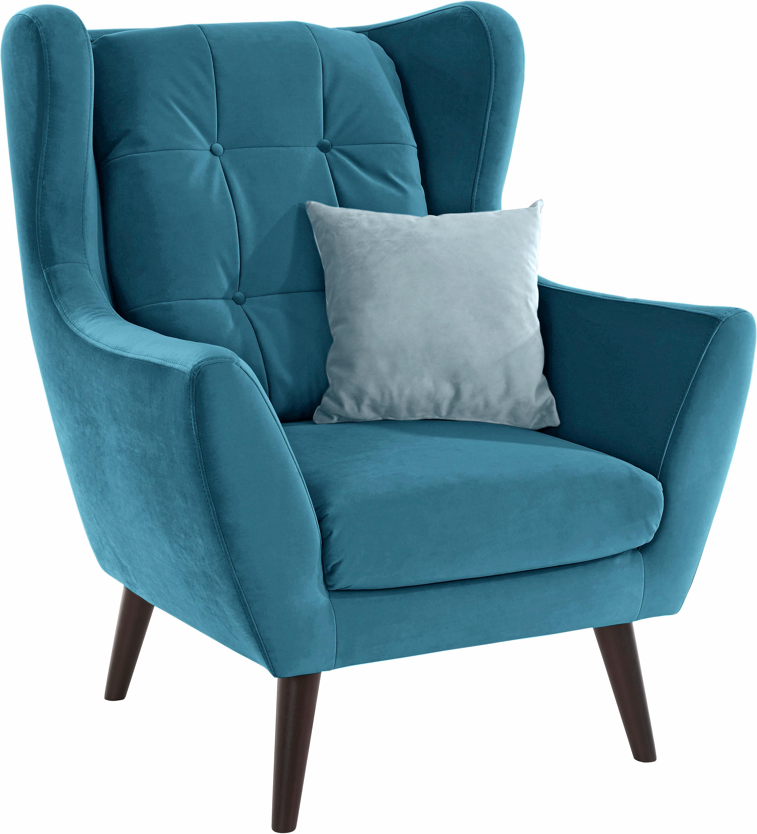 Ohrensessel HOME AFFAIRE "Hemmink, Sessel, Loungesessel", blau (petrol, hellblau), B:90cm H:107cm T:94cm, Struktur (94% Polyester, 6% Polyacryl);Samtvelours (100% Polyester);Luxus-Microfaser (100% Polyester), Sessel, Ohrensessel, mit Knopfheftung
