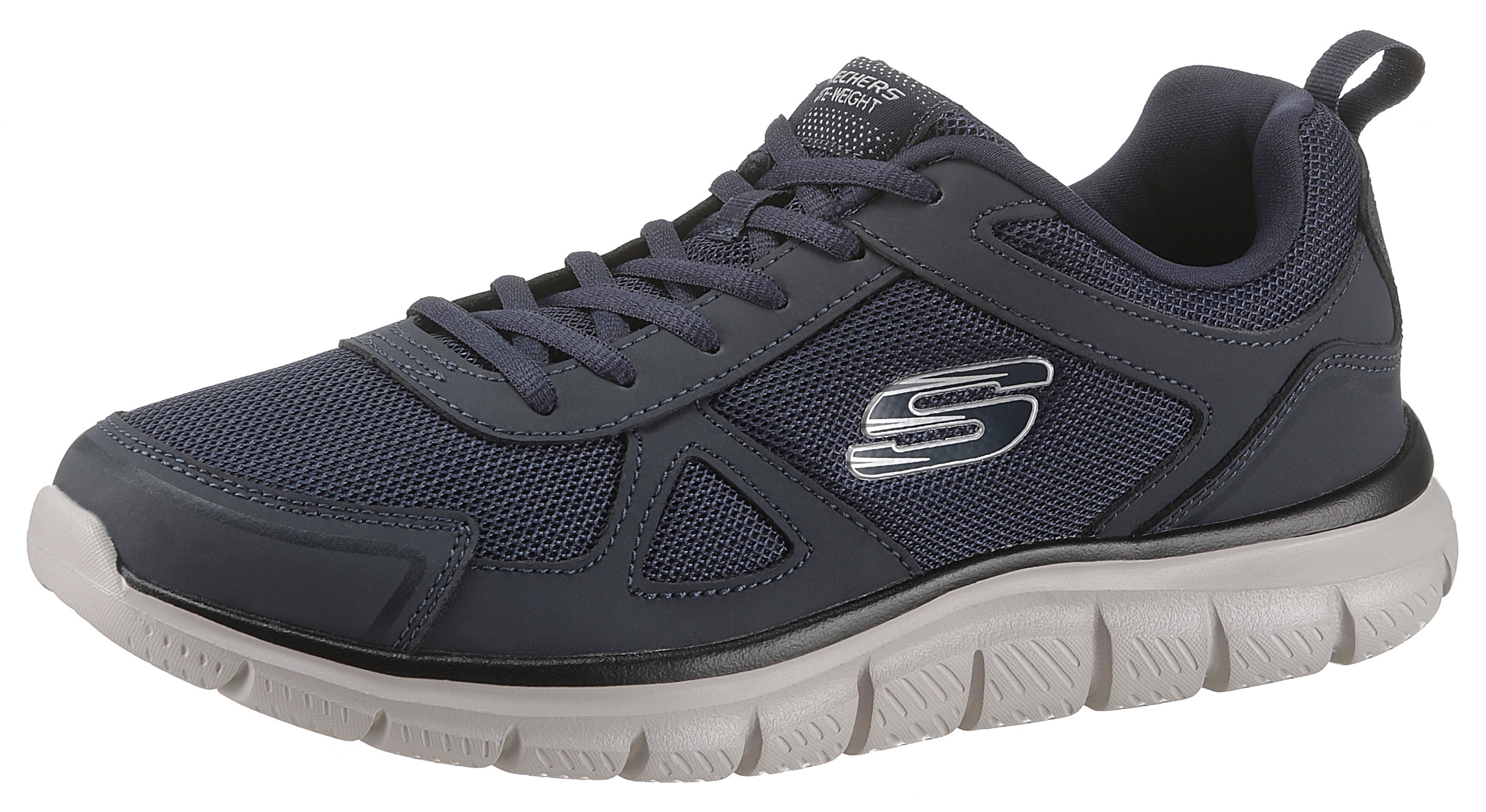 Sneaker SKECHERS "Track-Scloric", Damen, Gr. 40, blau (navy), Leder, Textil, Schuhe Sneaker, Freizeitschuh, Halbschuh, Schnürschuh mit Skechers Memory Foam