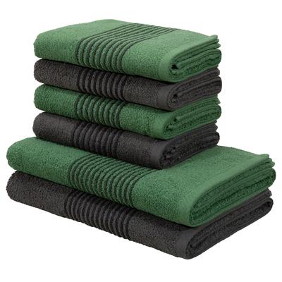 Handtuch Set BRUNO BANANI "Jassen, Duschtücher, Handtücher", grün (dunkelgrün, anthrazit), 6 tlg., Walkfrottee, Walkfrottee, Obermaterial: 100% Baumwolle, Handtuch-Sets, mit gestreifter Bordüre, 6 teiliges Handtücher Set aus 100% Baumwolle, Topseller Image