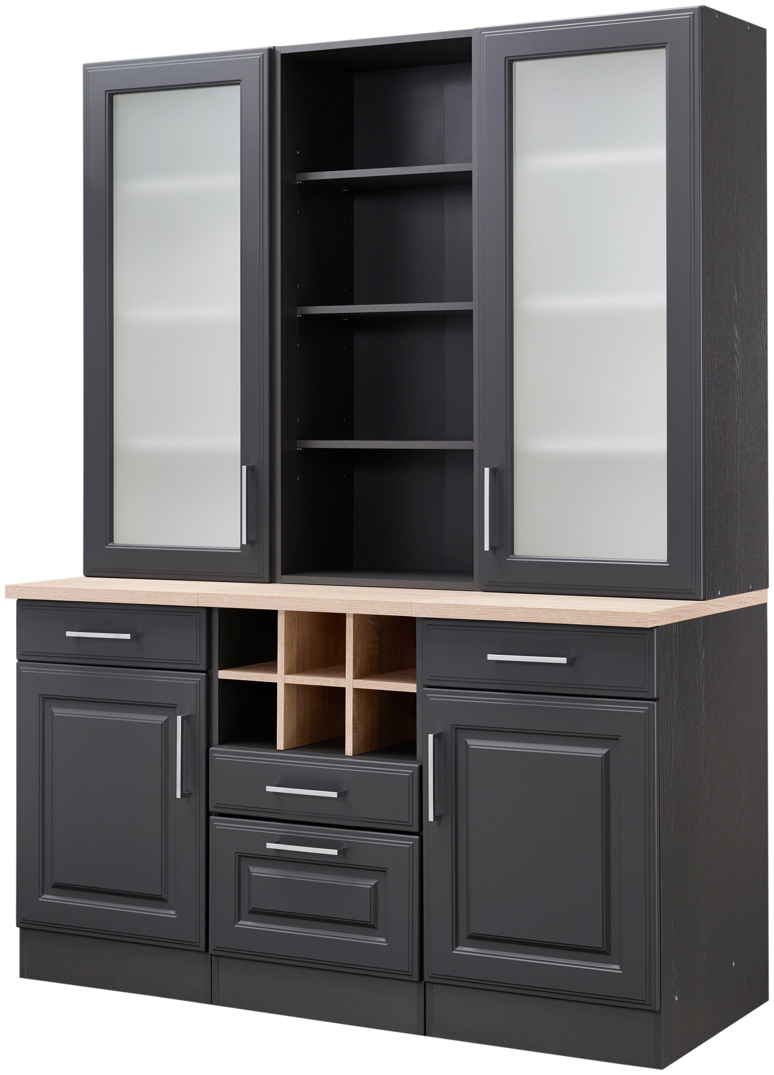 Küchenbuffet KOCHSTATION "KS-Stockholm", grau (grau, grafit), B:150cm H:200cm T:60cm, Holzwerkstoff, MDF, Schränke, hochwertige MDF-Fronten, 2 Glasrahmentüren, 200 cm hoch, viel Stauraum