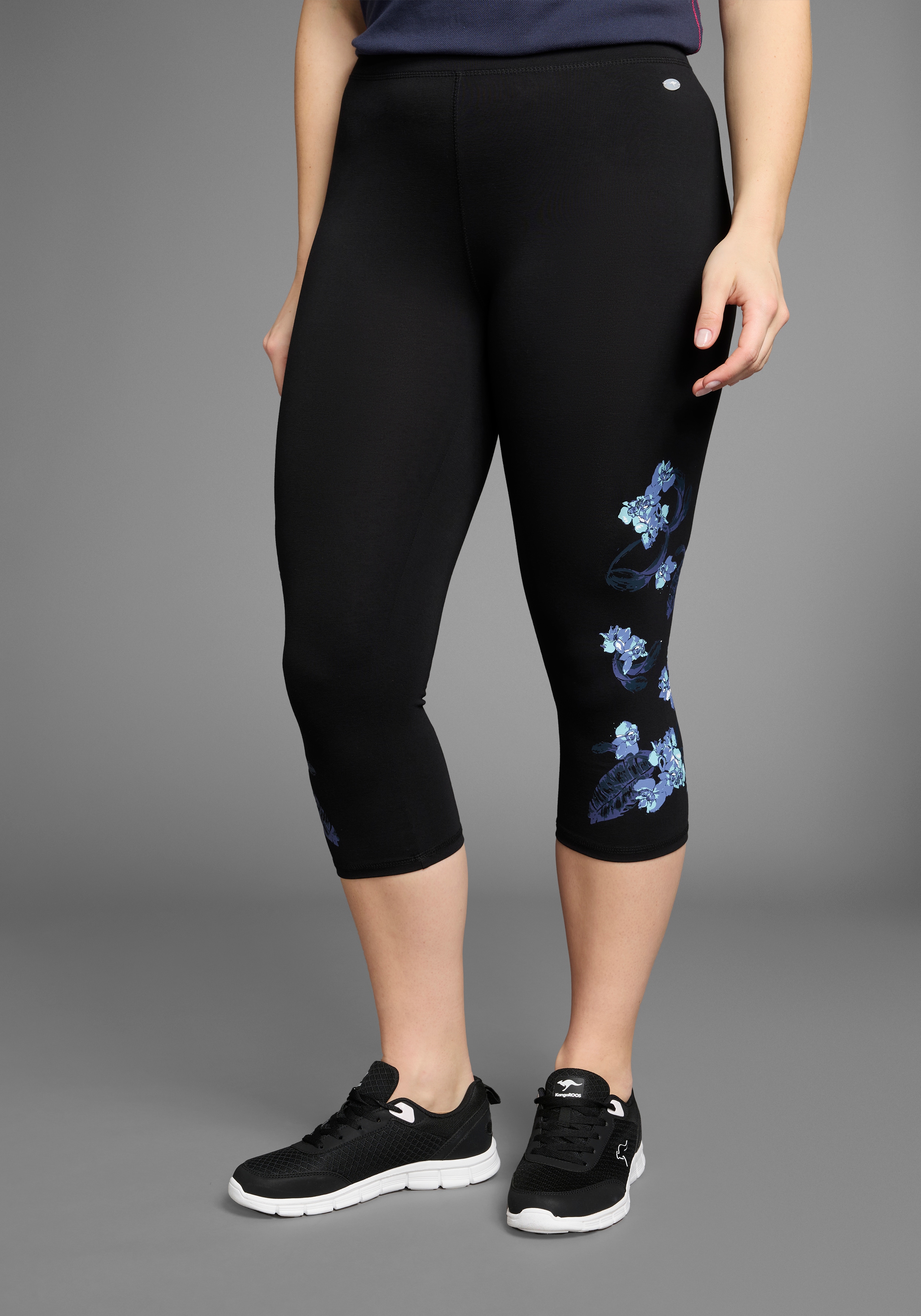 Leggings KANGAROOS, Damen, Gr. 42, N-Gr, schwarz (schwarz, bedruckt), Obermaterial: 95% Baumwolle, 5% Elasthan, schmal 3/4-Länge, Hosen Leggings, Große Größen