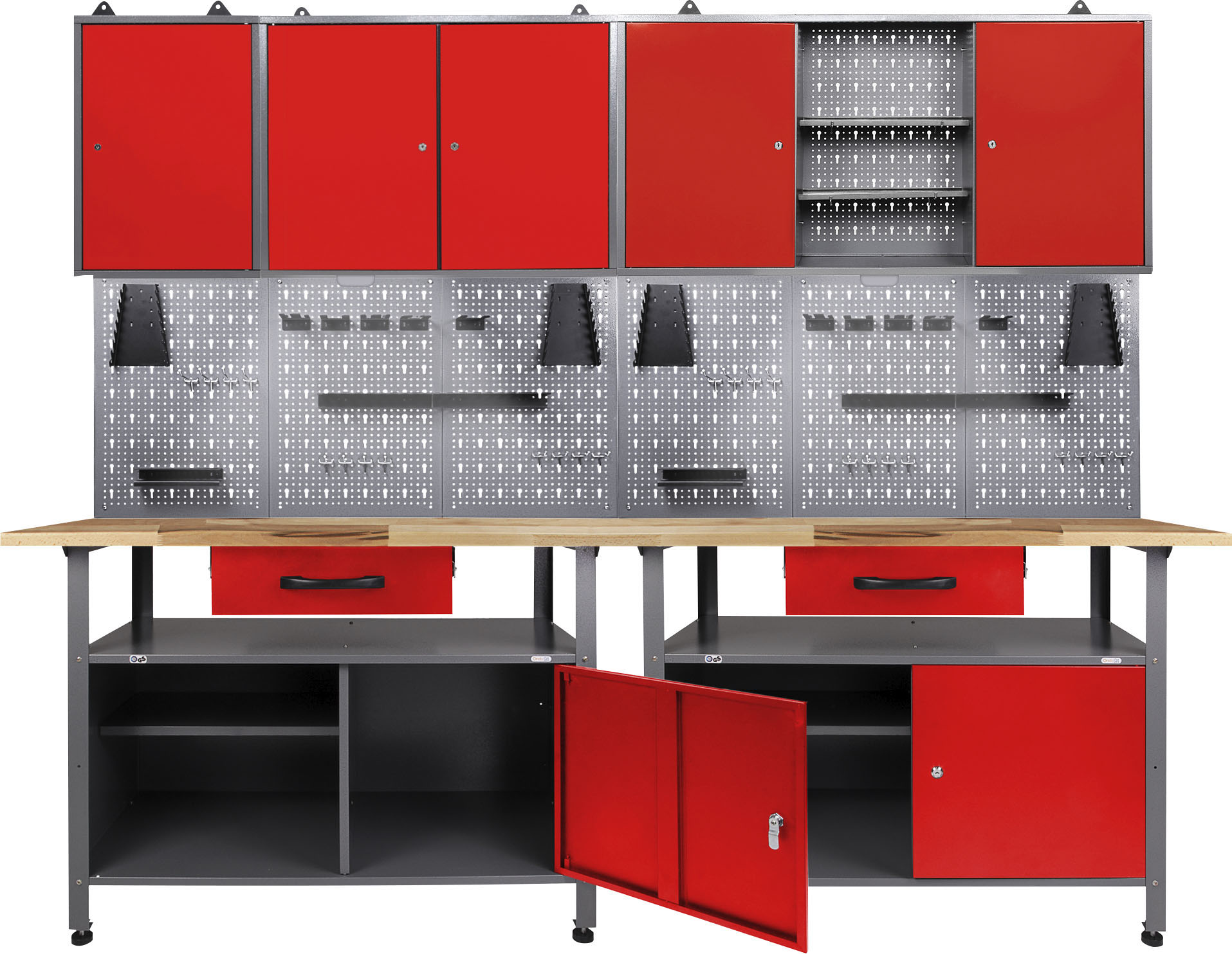 Werkstatt-Set ONDIS24, rot (anthrazit, rot), B:240cm H:205cm T:60cm, Metall, Werkbänke, 240 cm, mit 2 LED Lampen