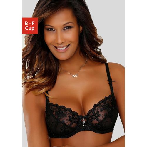 Bügel-BH LASCANA Gr. 75, Cup F, schwarz Damen BHs BH Bügel-BH Dirndl-BH Hochzeitsdessous Hochzeitswäsche Spitzen-BH Spitzenwäsche Trachtenwäsche mit transparenter Stickerei-Spitze, Dessous