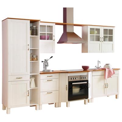 Küchenzeile HOME AFFAIRE "Alby", weiß (front: ausverkauft, arbeitsplatte: honigfarben), B:325cm H:205cm T:50cm, Komplettküchen-Sets, Breite 325 cm, aus Kiefer massiv, ohne E-Geräte Image