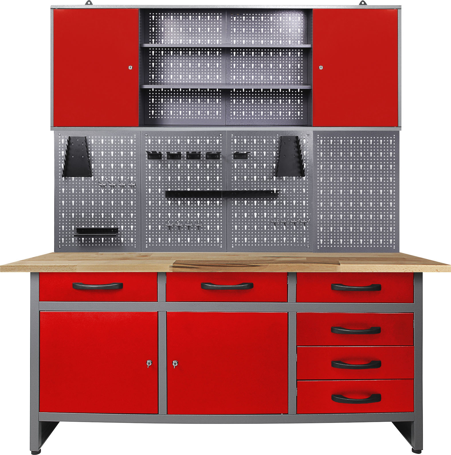 Werkstatt-Set ONDIS24 "Karsten", rot (rot, grau), B:160cm H:205cm T:60cm, Metall, Werkbänke, 160 cm, höhenverstellbar, inkl. Hakenset