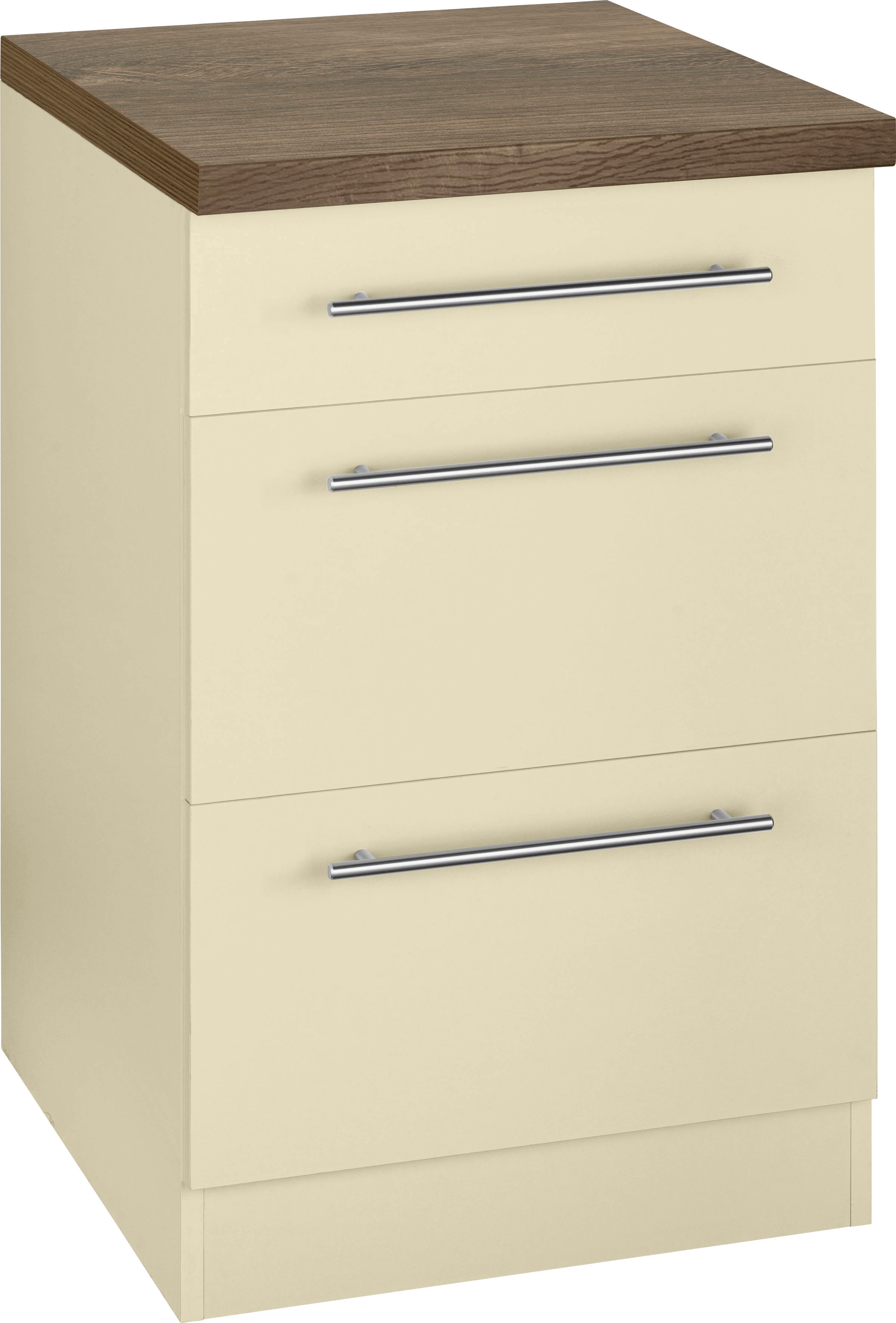 Unterschrank WIHO KÜCHEN "Unna", beige (front und korpus: magnolia, arbeitsplatte: eiche tabak), B:50cm H:85cm T:60cm, Schränke, Küchenunterschrank, 50 cm breit, mit 2 großen Auszügen