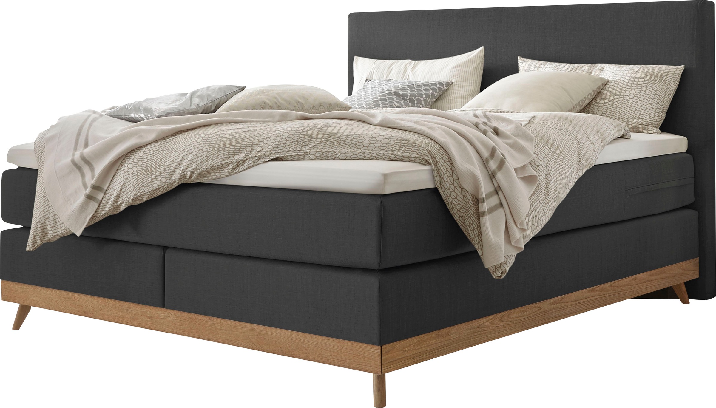 Boxspringbett HASENA "Scandia", braun (anthrazit, eiche bianco), B:148cm L:210cm, Komplettbetten, Boxspringbett, Boxspringbett, gepolstertes Kopfteil, Scandi Look, Füsse Eiche bianco Image
