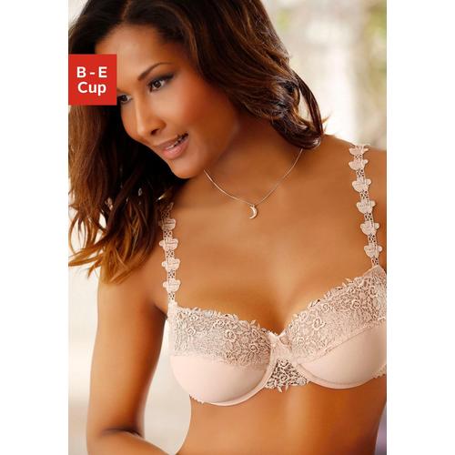 Bügel-BH NUANCE Gr. 80, Cup E, beige (puder) Damen BHs BH Bügel-BH Dirndl-BH Hochzeitsdessous Hochzeitswäsche Spitzen-BH Spitzenwäsche Balconette-BH Trachtenwäsche mit schöner Stickereispitze am Obercup und den Trägern, Dessous
