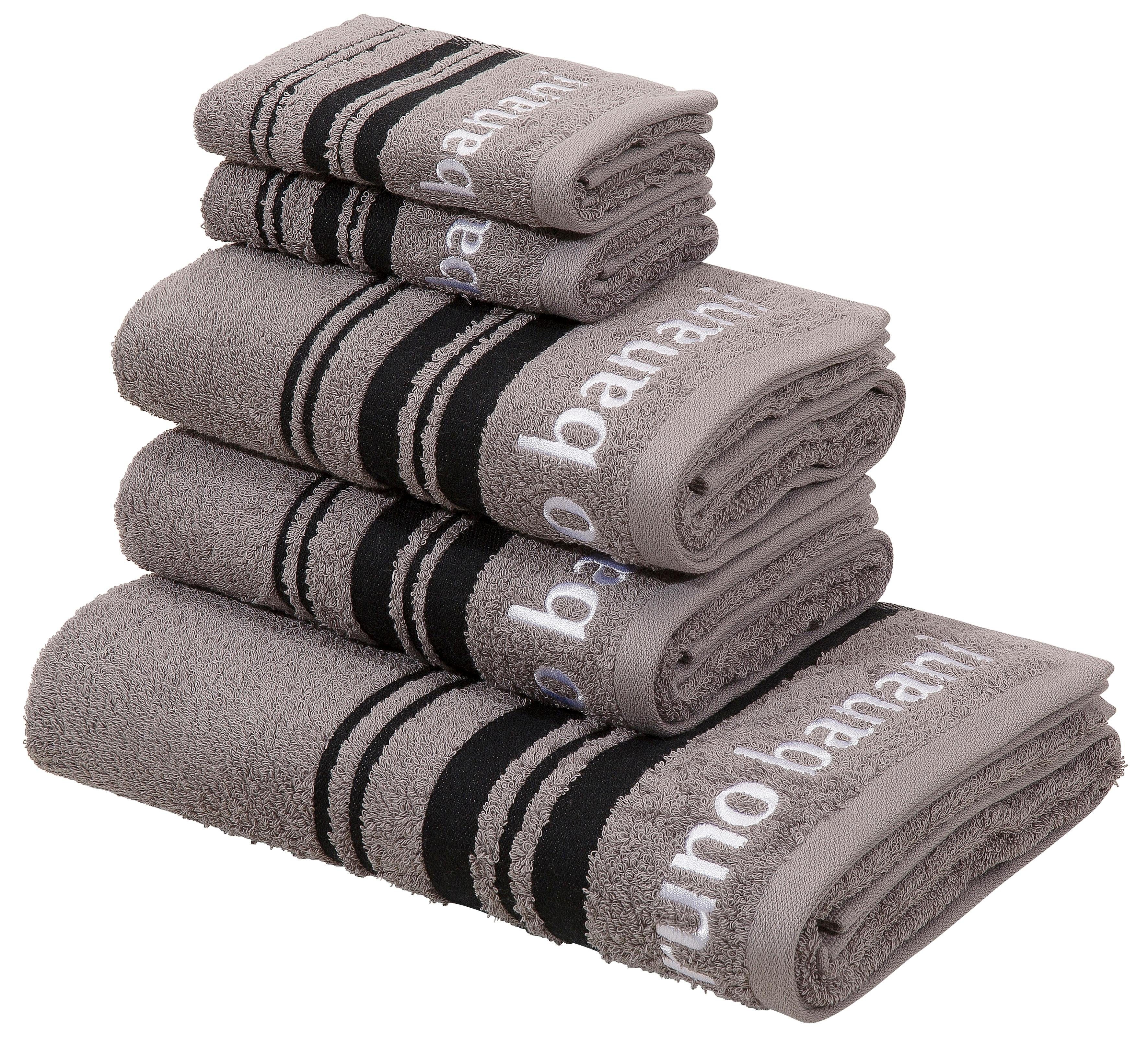 Handtuch Set BRUNO BANANI "Daniel, 1 Duschtuch 70x140, 2 Handtücher 50x100, 2 Gästetücher 30x50", grau (taupe), 5, Walkfrottee, Walkfrottee, Obermaterial: 100% Baumwolle, Handtuch-Sets, Streifen-Bordüre & Markenlogo, 100% Baumwolle