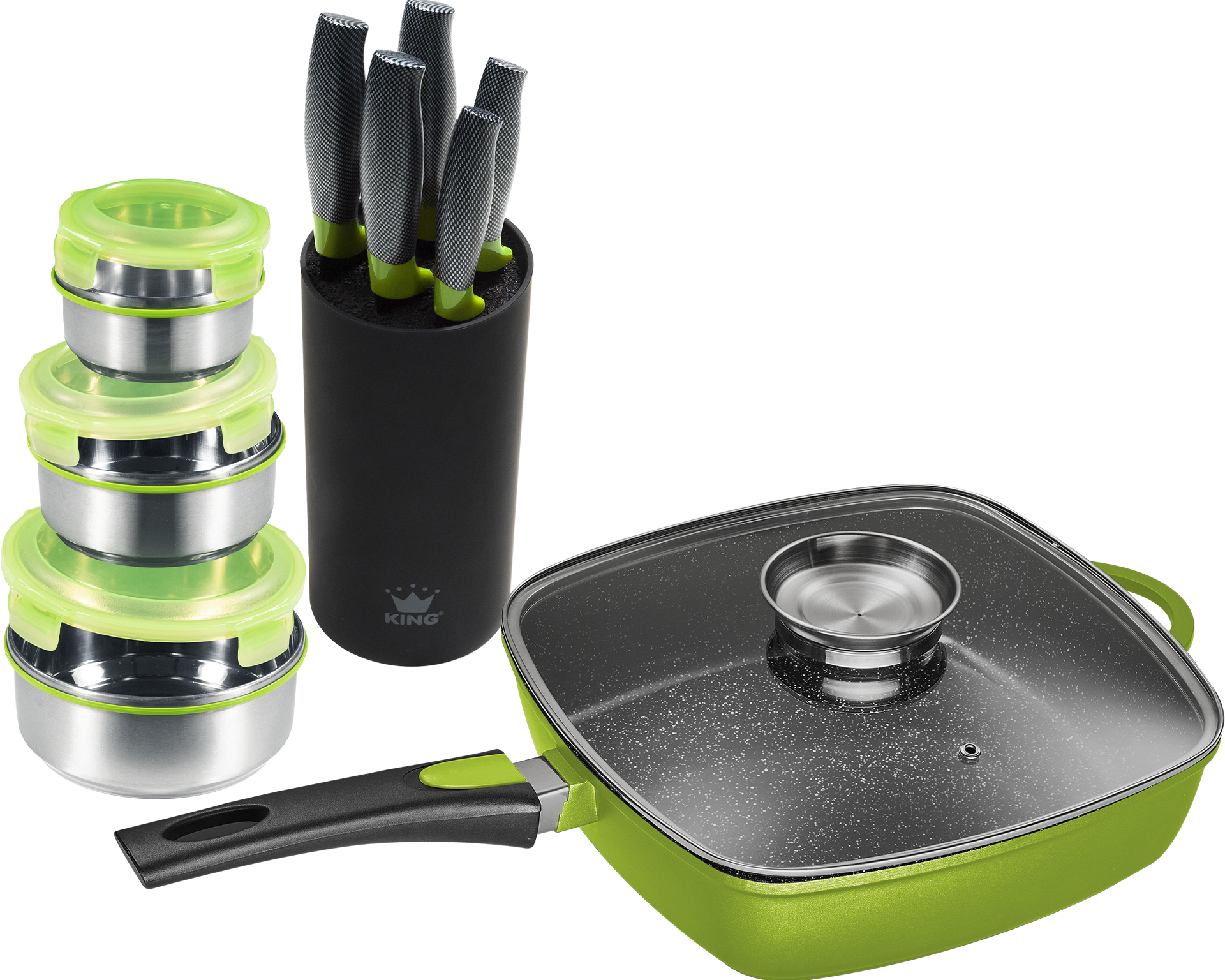 Pfannen-Set KING "Square", grün, Pfannen, Eckpfanne, Messerblock, 5 Kochmesser, 3tlg. Dosen-Set, Induktion Image