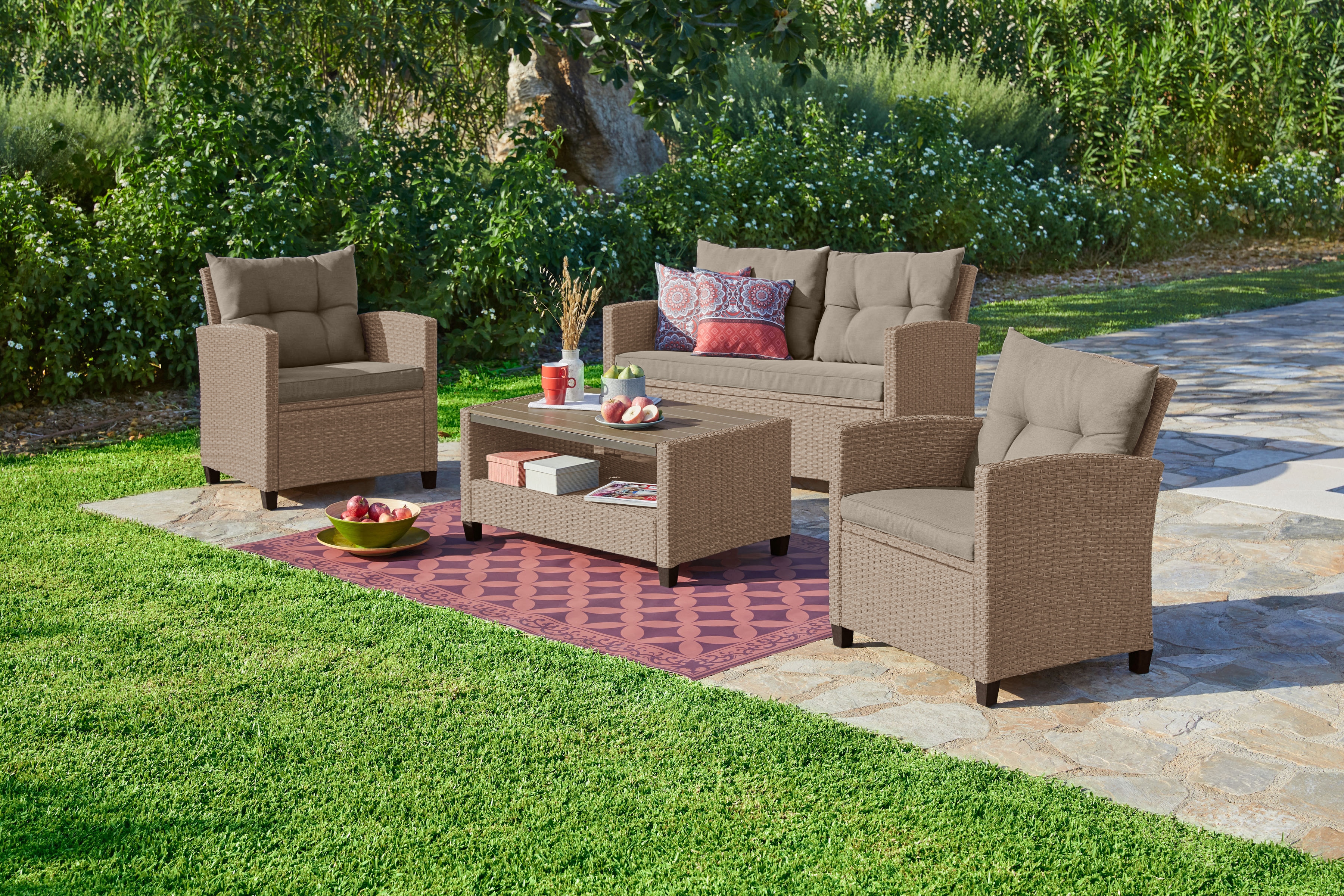 Gartenlounge-Set KONIFERA "Lorca", beige (beige, beige,), Polyrattan, Sitzmöbel-Sets, Gartenmöbel-Set, Polyrattan, Ablagefläche unter dem Tisch, Tischplatte aus Nonwood Image