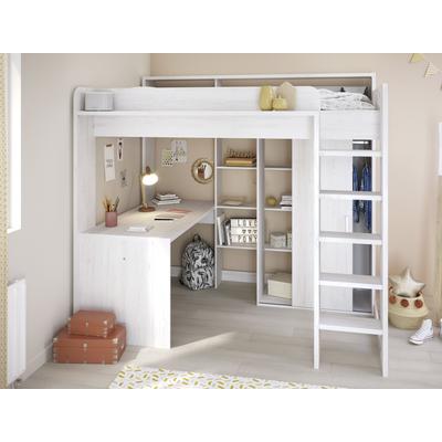 Hochbett PARISOT "Higher, mit Schreibtisch, Schiebetürenschrank, Regale oben und unten", beige (dekor nordische esche), Liegefläche B/L: 90cm x 200cm, kein Härtegrad, kein Härtegrad, Hochbetten, maximaler Stauraum, breite Trittstufen, toll für...