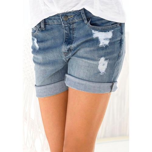 Jeansbermudas BUFFALO Gr. 42, N-Gr, blau (blue washed) Damen Jeans mit Destroyed-Effekten, Shorts zum Krempeln, kurze Hose