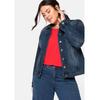 Jeansjacke SHEEGO "Große Größen", Damen, Gr. 50, blau (blau denim), Obermaterial: 98% Baumwolle, 2% Elasthan, unifarben, casual, figurbetont kurz, Langarm, Jacken, in modisch kurzer Form