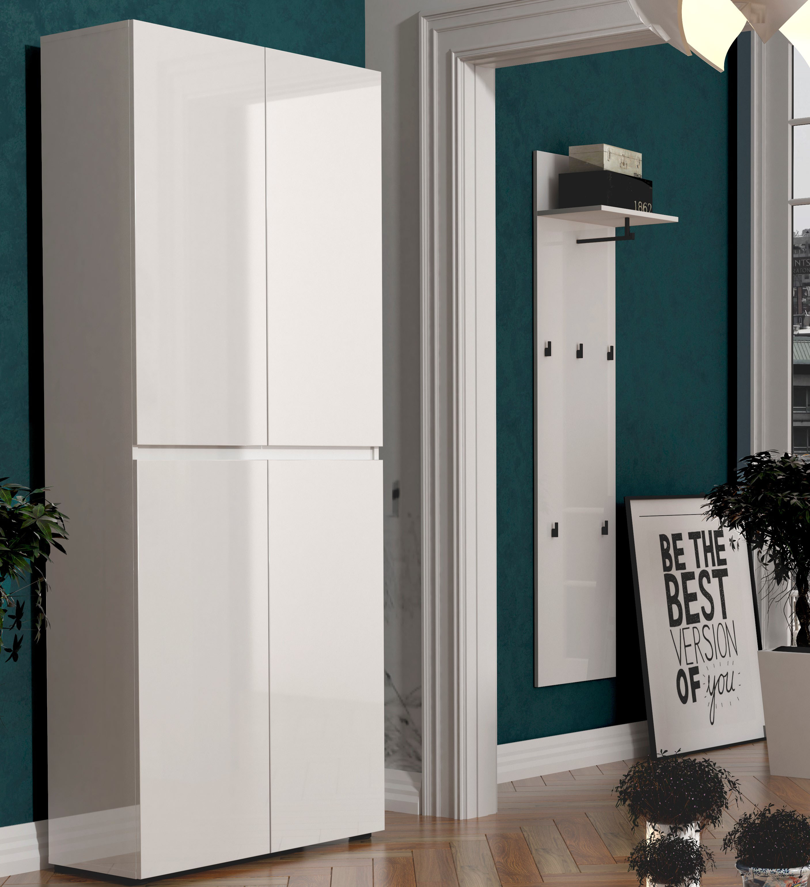 Garderobenpaneel HOME AFFAIRE "MISTER Wandpaneel mit 5 Haken, Kleiderstange und Hutablage,Wandmontage", weiß, B:40cm H:170cm T:26cm, Holzwerkstoff, Garderobenpaneele, Garderobenpaneel, Hochglanz lackiert, Made in Italy, B/H: 40/170 cm