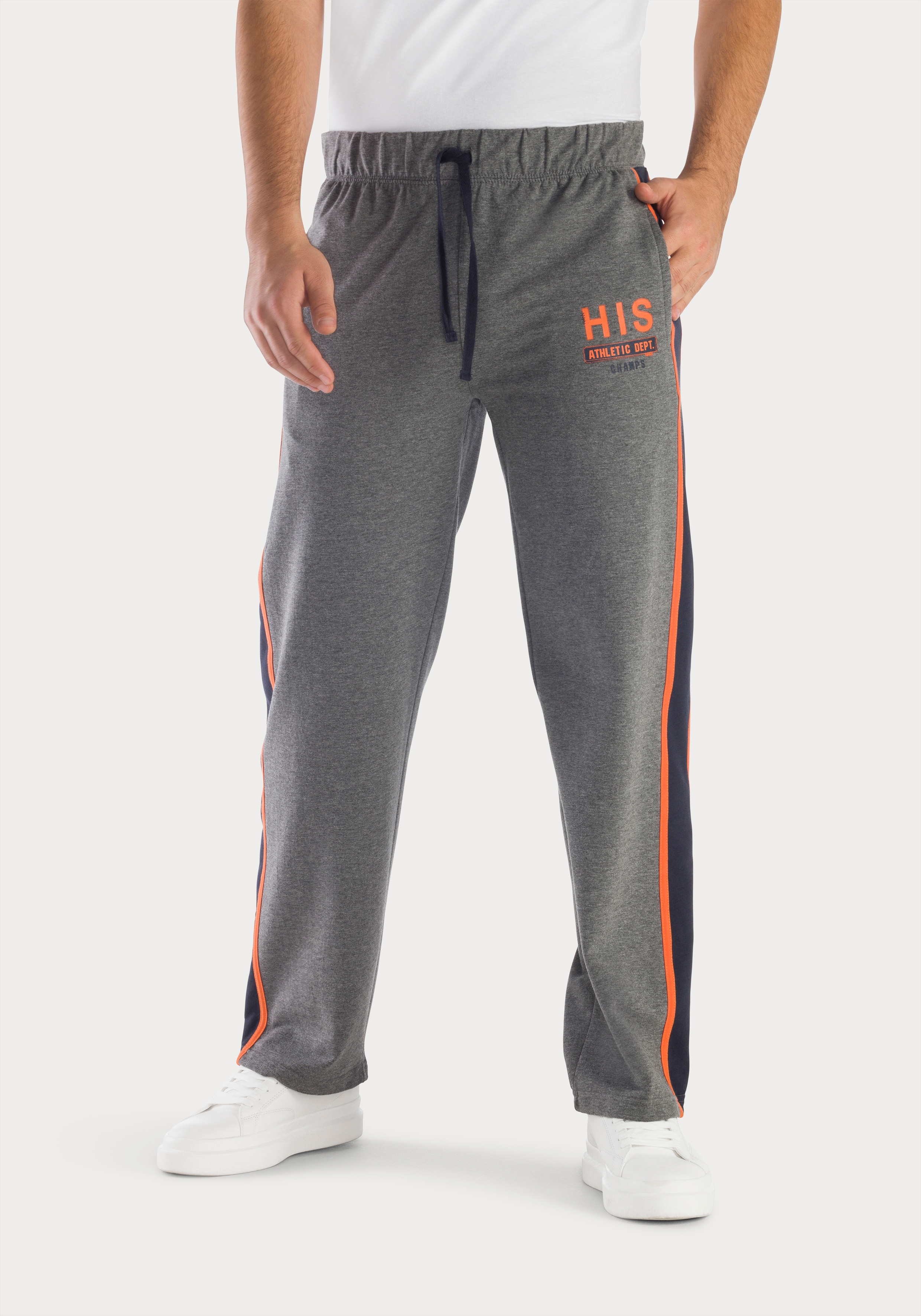 Sweathose H.I.S, Herren, Gr. 52/54 (L), N-Gr, grau (dunkelgrau, meliert), Sweatware, Obermaterial: 60% Baumwolle, 40% Polyester, unifarben mit Farbeinsatz, Basic, bequem lang, Hosen Sweathose, Jogginghose aus weicher Sweatware
