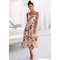 Sommerkleid LASCANA, Damen, Gr. 46, N-Gr, orange (apricot, bedruckt), Web, Obermaterial: 58% Viskose, 28% Baumwolle, 14% Leinen, modisch, figurumspielend Midi, V-Ausschnitt, ohne Ärmel, Kleider, aus Leinenmix, Midikleid mit Knopfleiste vorne,...