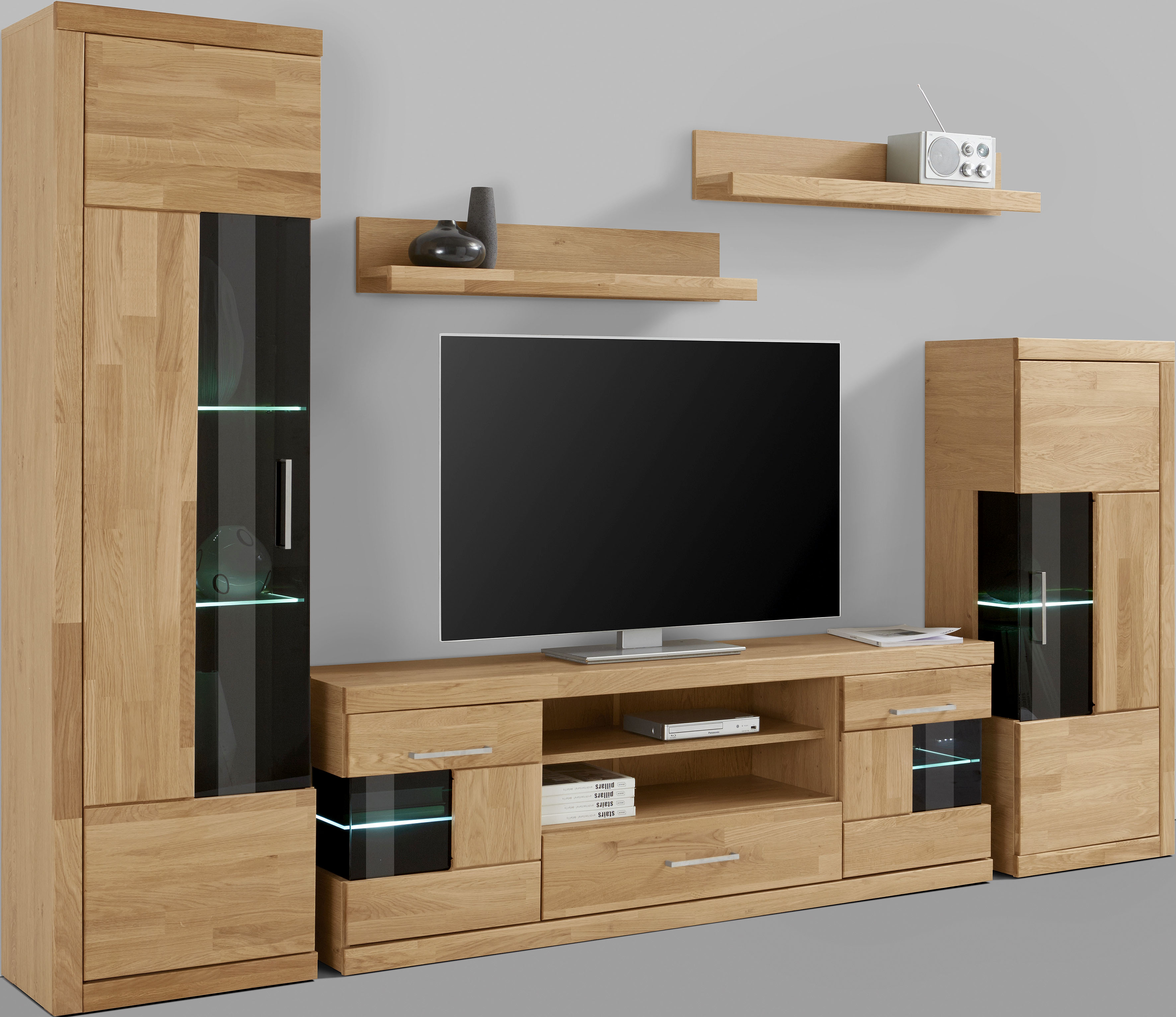 Wohnwand HOME AFFAIRE "Ribe Wohnwand Set-5 St.", braun (eiche teilmassiv), B:260cm H:180cm T:35cm, Holz teilmassiv, Kastenmöbel-Sets, Glaseinsatz aus gehärtetem Glas,Böden teilweise versetzbar, Topseller