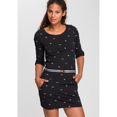 Jerseykleid KANGAROOS, Damen, Gr. 46, N-Gr, schwarz, Single Jersey, Obermaterial: 100% Baumwolle. Gürtel: 100% Baumwolle, bedruckt, kontrastfarbene Details, casual, figurbetont mini, Rundhals, 3/4-Ärmel Krempelärmel, Kleider, figurbetonte Passform,... Image