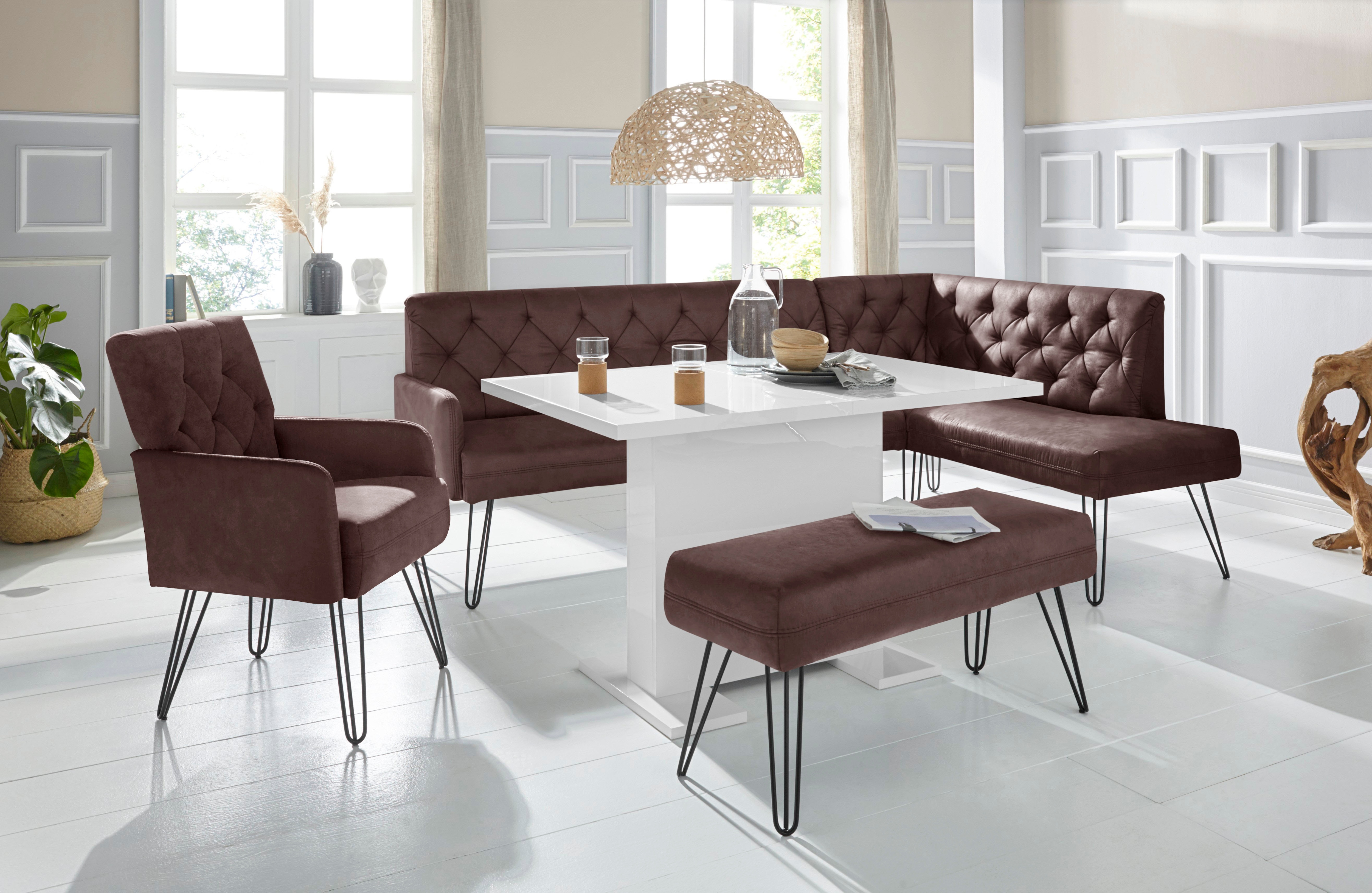 Eckbank EXXPO - SOFA FASHION "Doppio, Chesterfield Optik, komfortabel und bequem, hohe Designfüße", braun (chocco), B:158cm H:90cm T:236cm, 100% Polyester, Sitzbänke, Eckbank, Frei im Raum stellbar, Topseller