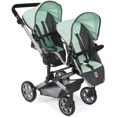Puppen-Zwillingsbuggy CHIC2000 "Linus Duo, Grau-Mint", grün (grau, mint), Puppenwagen, KinderB:41cm H:79cm T:80cm, Stahl, Kunststoff, Polyester, mit zwei abnehmbaren, bis in Liegeposition verstellbaren Sportsitzen, B:41cm H:79cm T:80cm