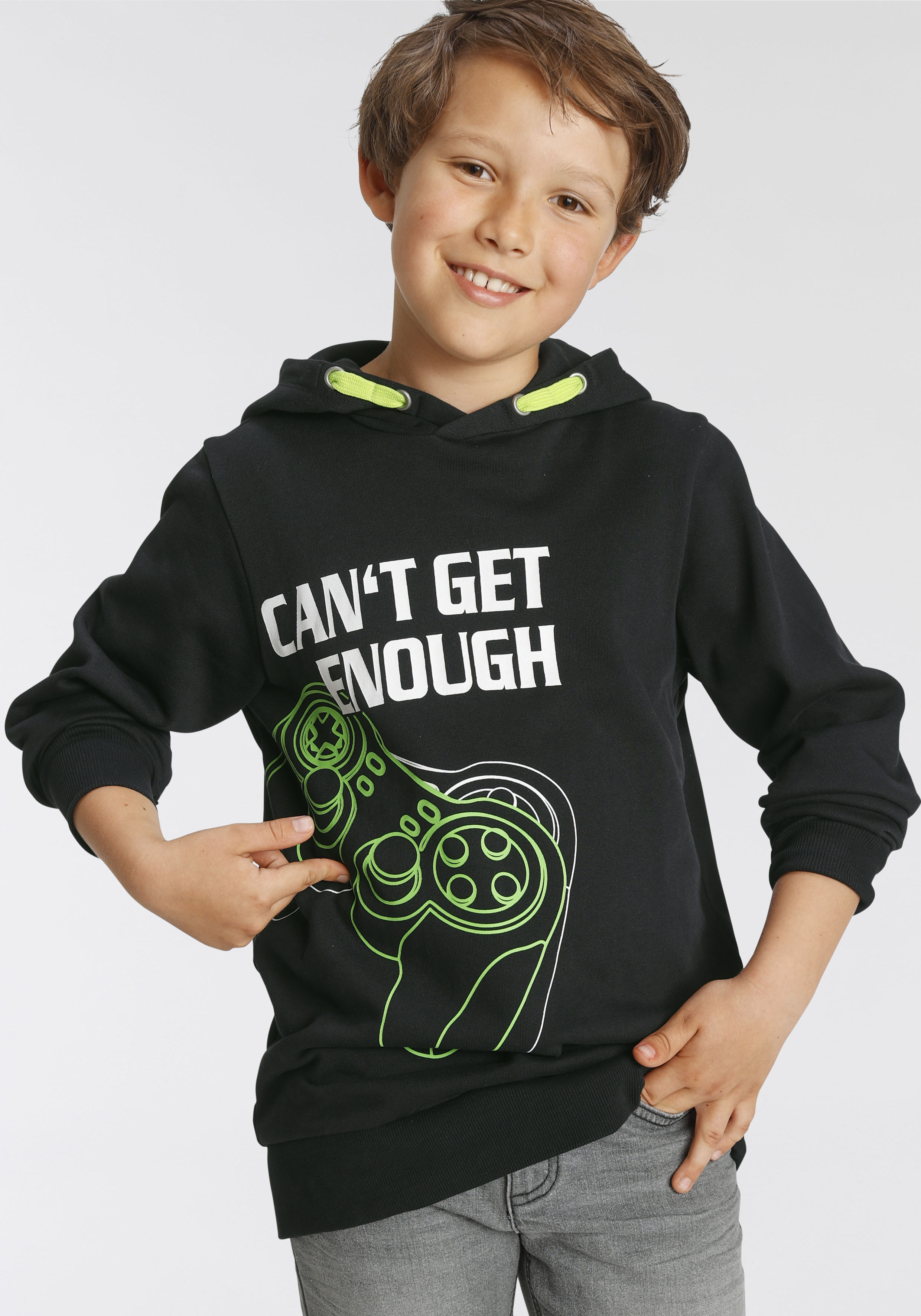 Kapuzensweatshirt KIDSWORLD "CAN´T GET ENOUGH - Spruch", Jungen, Gr. 176/182, schwarz, angeraute Sweatware, Obermaterial: 100% Baumwolle, bedruckt, Modisch, Basic, Rippbündchen, Sweatshirts, bedrucktes Design, aus Baumwolle Image