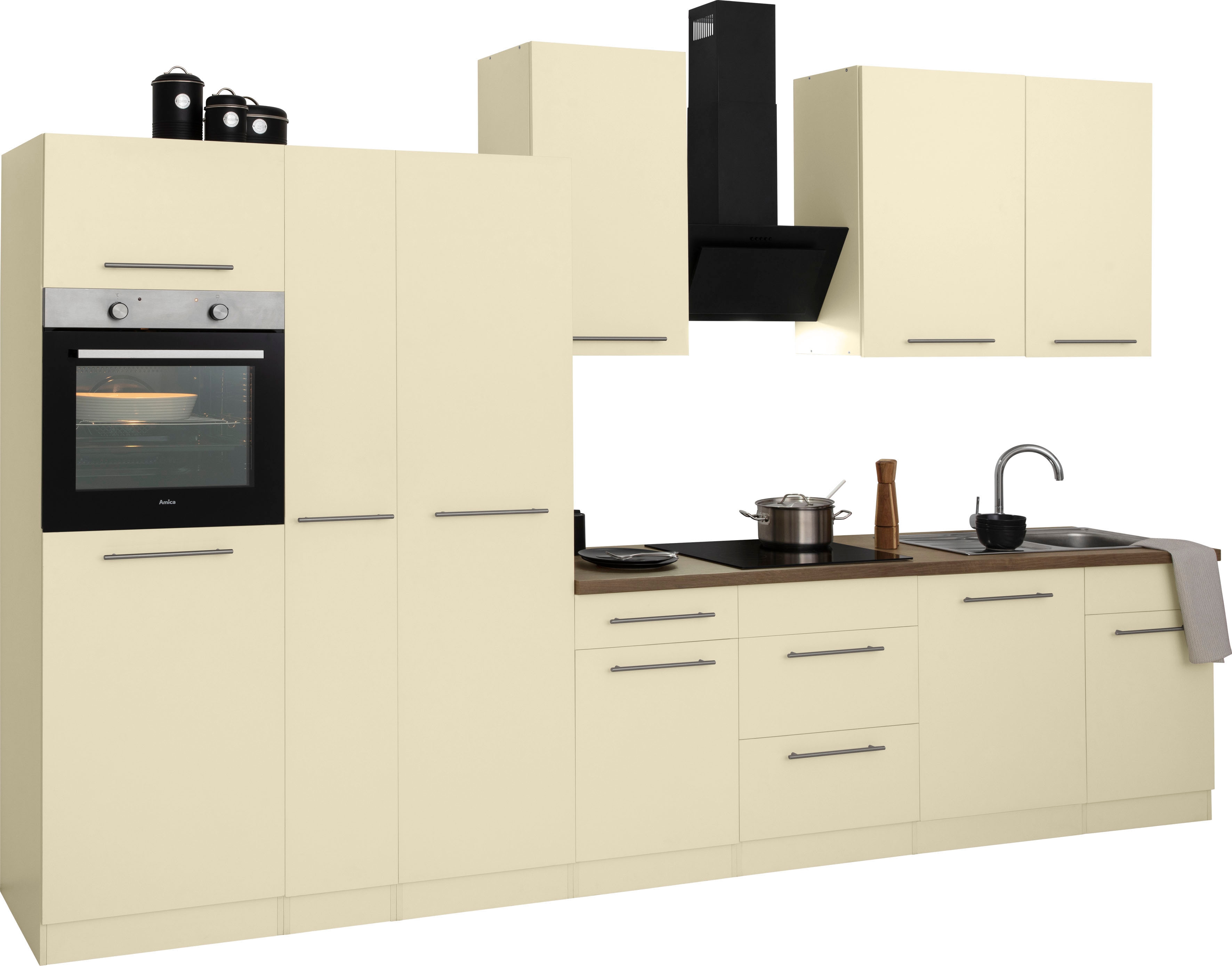 Küchenzeile WIHO KÜCHEN "Unna", gelb (küche: gelb, korpus: magnoliafarben, arbeitsplatte: eiche tabak nachbildung), B:360cm T:60cm, Komplettküchen-Sets, Küchenzeile, ohne E-Geräte, Breite 360 cm Image