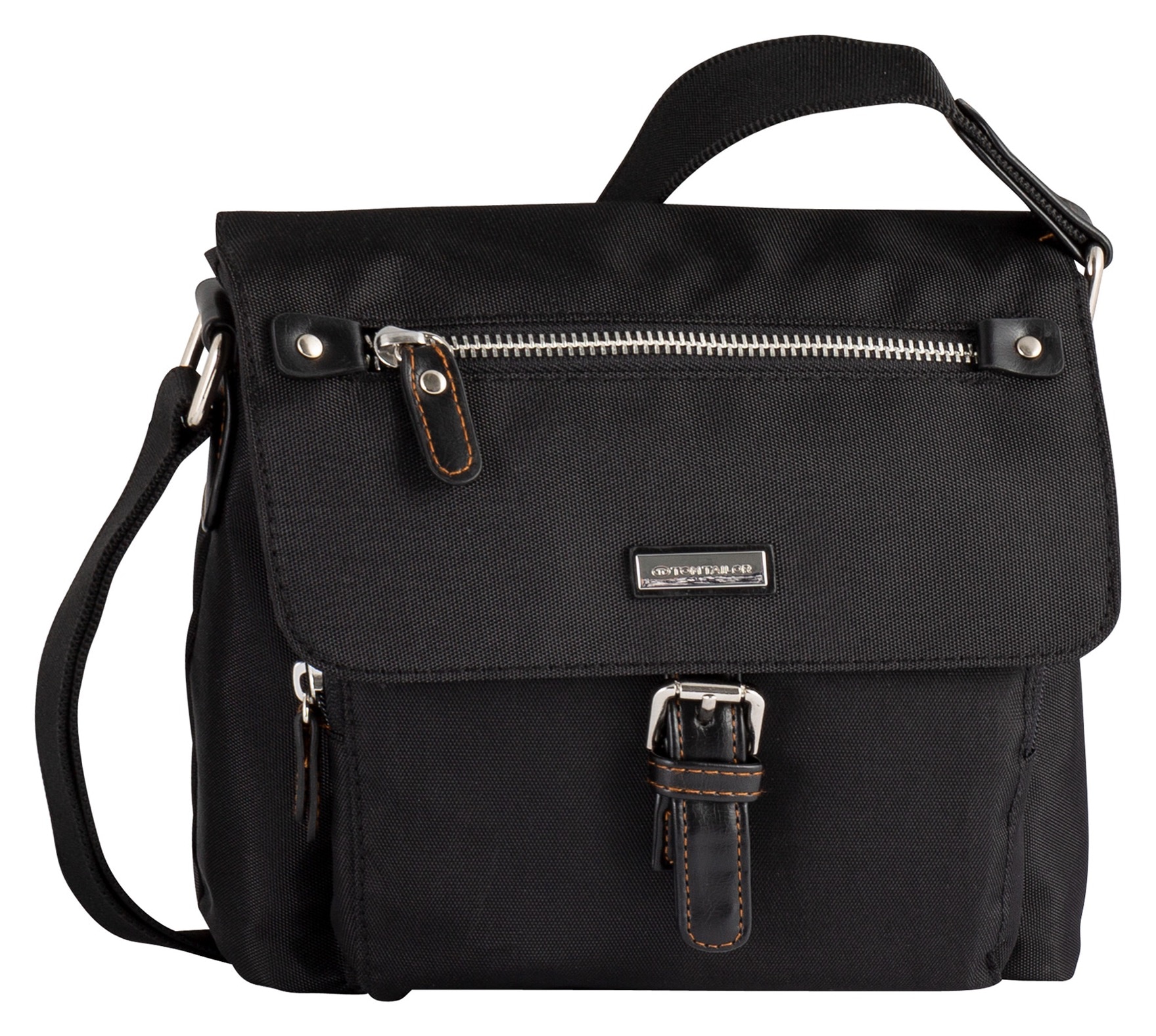 Umhängetasche TOM TAILOR "Rina", Damen, Gr. B/H/T: 22,5cm x 19cm x 9cm, schwarz, Lederimitat, Nylon, Taschen Umhängetasche, aus leichtgewichtigem Nylon und aufwändig gewebten Gurtband
