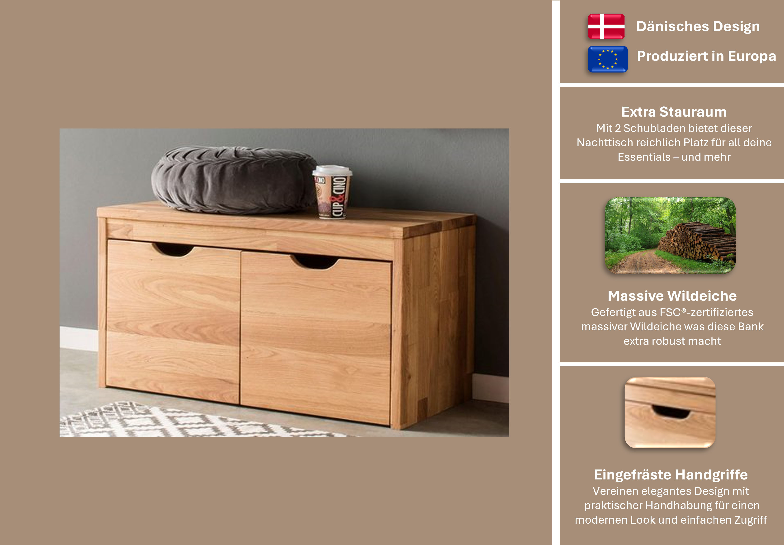 Schuhbank HOME AFFAIRE "Dura Schuhbank incl. Schubladen funktionell und stabil", braun (wildeiche), B:82cm H:45cm T:40cm, Massivholz, Sitzbänke, Massivholz, Skandinavisches Design, Robust, stabil, FSC zertifiziert