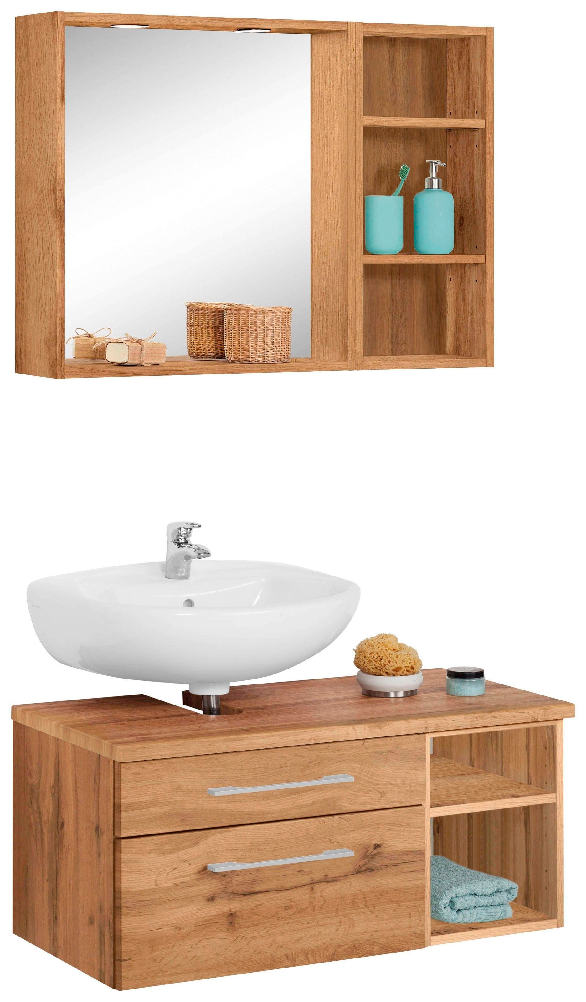Badmöbel-Set WELLTIME "Davos", braun (eichefarben), Siphonausschnitt links, Holzwerkstoff, Kastenmöbel-Sets, Spiegel inklusive Beleuchtung, Regal und Waschplatz Image