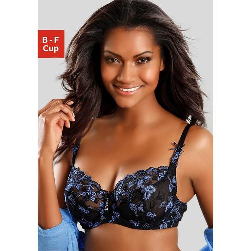 Bügel-BH LASCANA Gr. 75, Cup B, blau (blau, schwarz) Damen BHs BH Bügel-BH Dirndl-BH Hochzeitsdessous Hochzeitswäsche Spitzen-BH Spitzenwäsche Trachtenwäsche mit transparenter Stickerei-Spitze, Dessous
