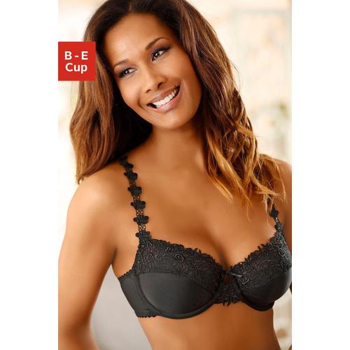 Bügel-BH NUANCE Gr. 75, Cup C, schwarz Damen BHs BH Bügel-BH Dirndl-BH Hochzeitsdessous Hochzeitswäsche Spitzen-BH Spitzenwäsche Balconette-BH Trachtenwäsche mit schöner Stickereispitze am Obercup und den Trägern, Dessous