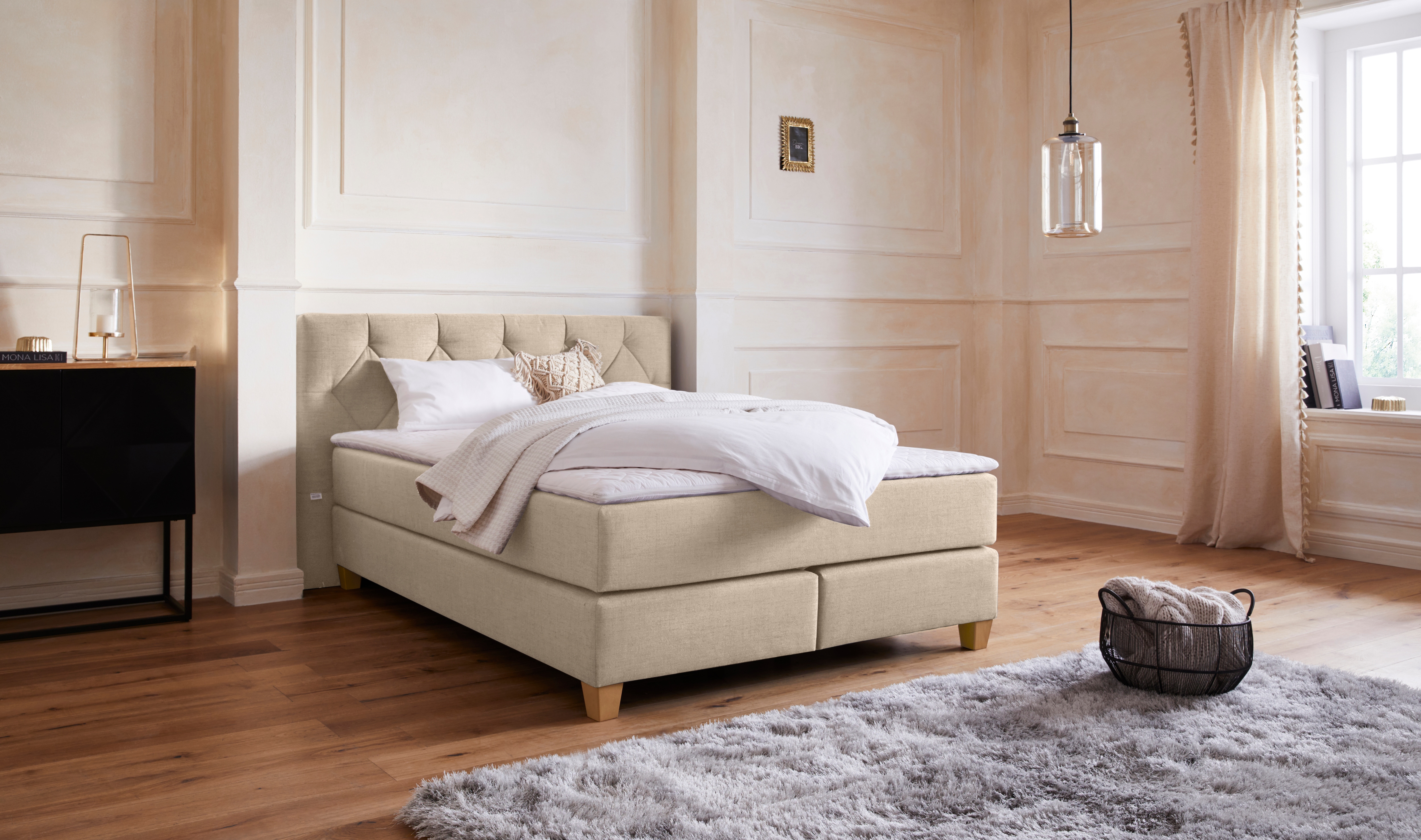 Boxspringbett HOME AFFAIRE "Harmones", beige, B:163cm L:210cm, Struktur (100% Polyester), Komplettbetten, Boxspringbett, in 3 Breiten, Härtegrad auch im Mix mit je 1 Matratze in H2 und H3 Image